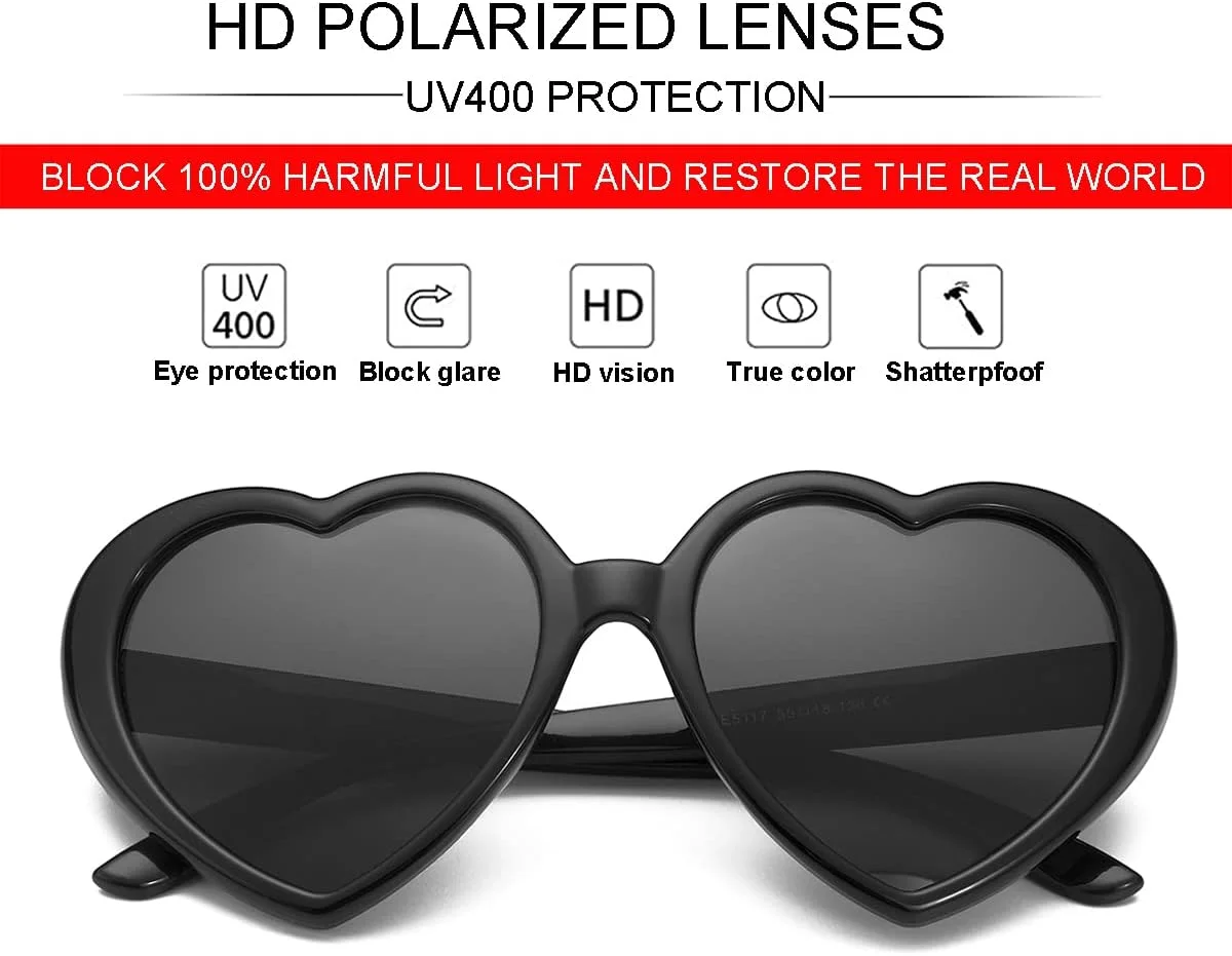 عینک آفتابی پلاریزه قلبی شکل زنانه، مد روز، عینک های بزرگ یکپارچهسازی با سیستمعامل دوست داشتنی با لنز محافظ UV400