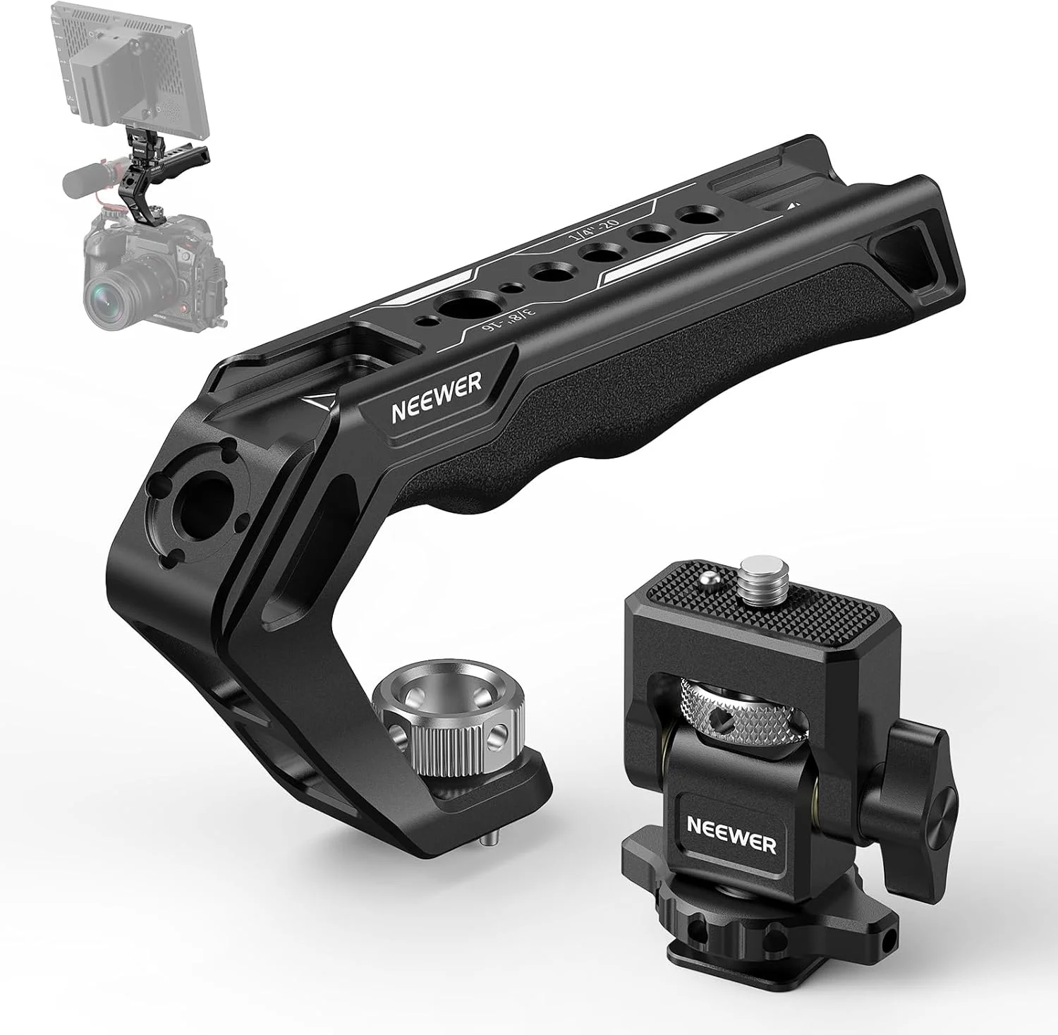 دسته بالایی NEEWER CA007 + پایه مانیتور MA006، دسته قفس دوربین با ARRI 3/8 اینچی + کفشک سرد با میرایی شیب 180 درجه برای مانیتورهای 5 و 7 اینچی سازگار با Atomos Ninja V