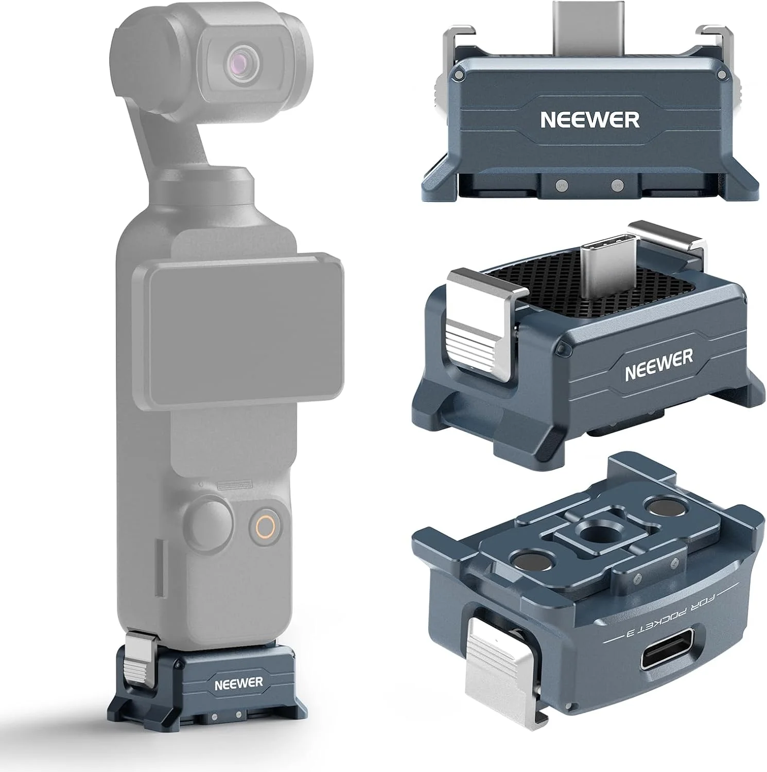 پایه آداپتور شارژ NEEWER سازگار با گیمبال DJI Osmo Pocket 3، شارژ Type C با رزوه 1/4 اینچی Arca Type Dovetail، انگشتان تاشو مغناطیسی برای سه پایه و لوازم جانبی پایه دوربین اکشن، AC018
