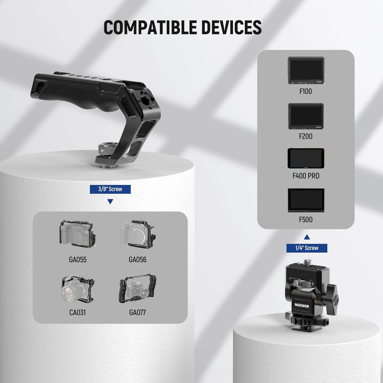 دسته بالایی NEEWER CA007 + پایه مانیتور MA006، دسته قفس دوربین با ARRI 3/8 اینچی + کفشک سرد با میرایی شیب 180 درجه برای مانیتورهای 5 و 7 اینچی سازگار با Atomos Ninja V دسته بالایی NEEWER CA007 + پایه مانیتور MA006، دسته قفس دوربین با ARRI 3/8 اینچی + کفشک سرد با میرایی شیب 180 درجه برای مانیتورهای 5 و 7 اینچی سازگار با Atomos Ninja V