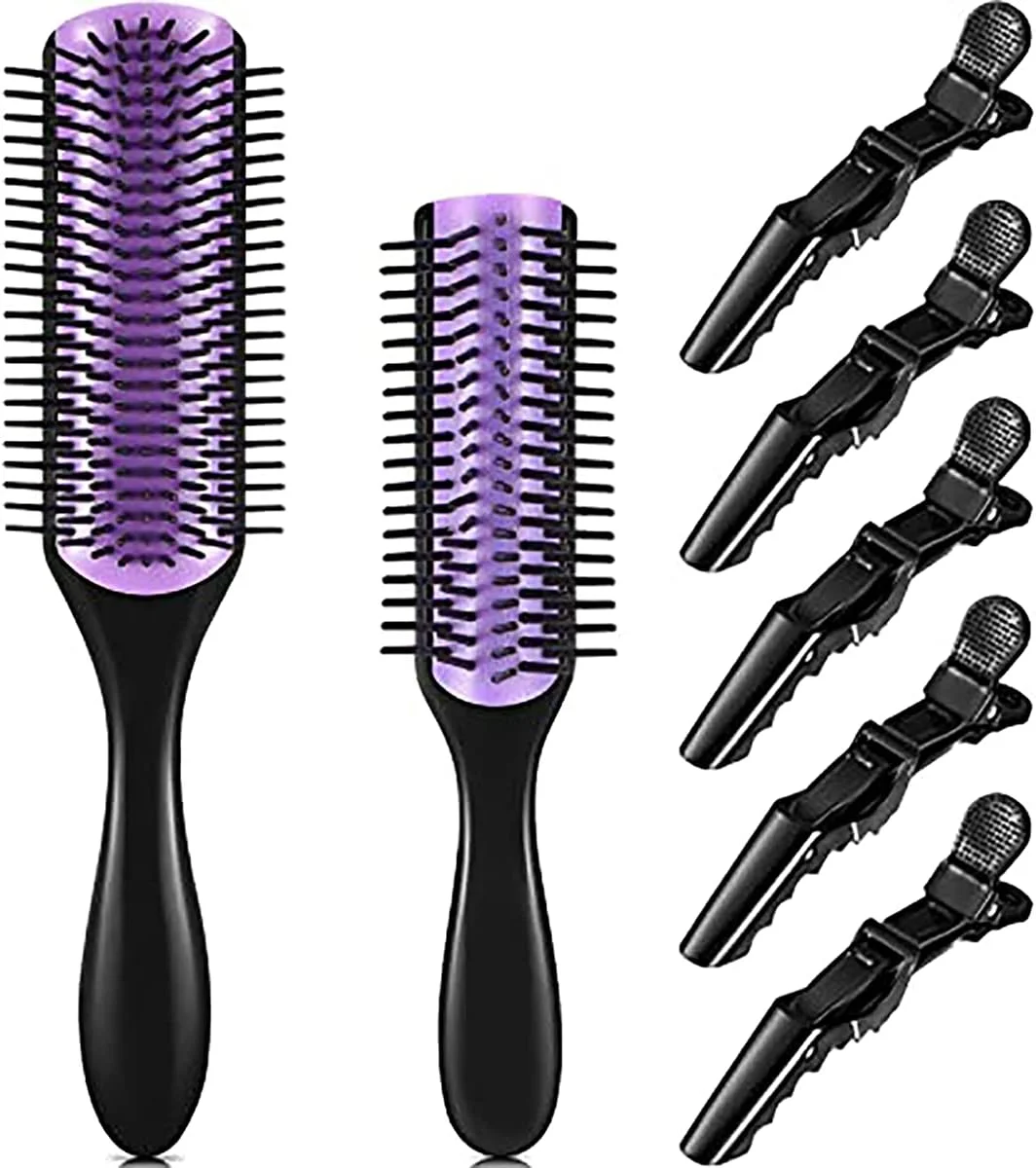 ست برس مو 7 تکه KASTWAVE با موهای نایلونی به همراه برس باز کننده گره 9 ردیفه، برس مسافرتی و 5 گیره مو برای حالت دادن به موهای فر (بنفش)