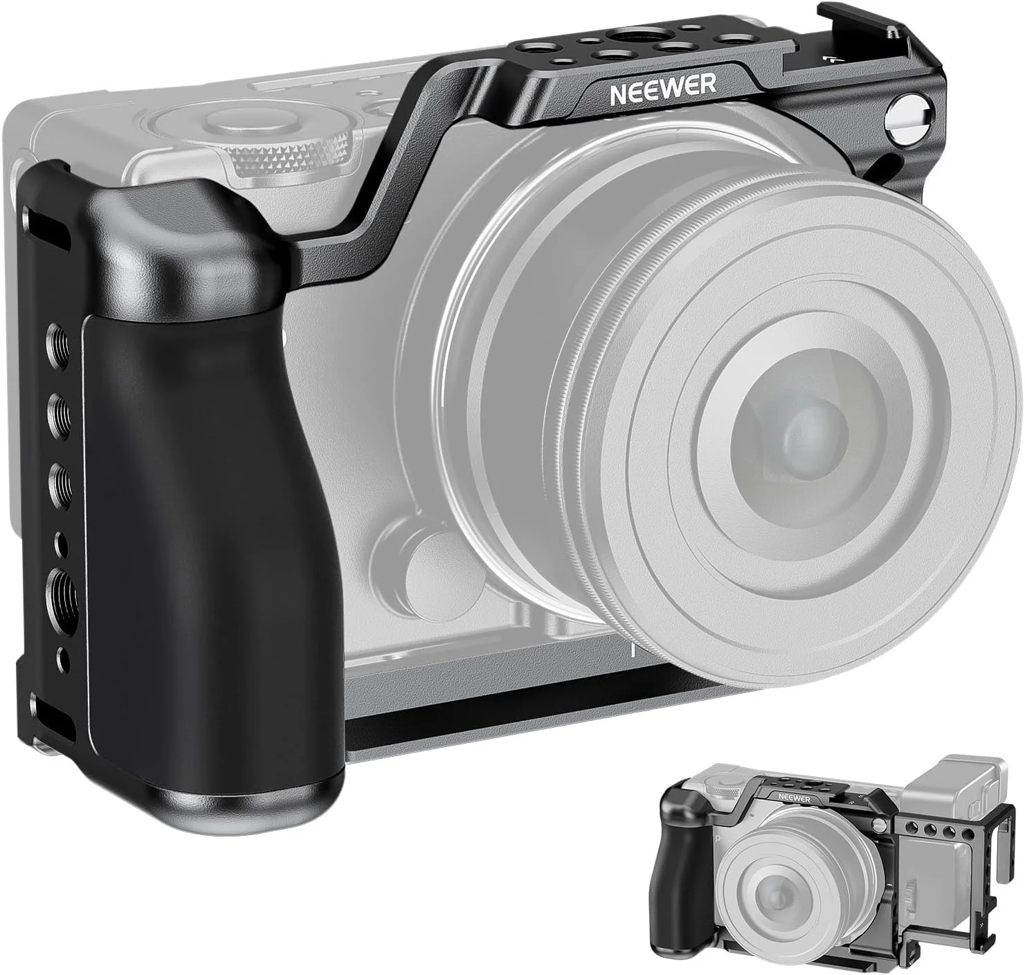 محافظ فلزی دوربین NEEWER مدل CA132 سازگار با SIGMA fp fpL DJI RS 4 Pro Gimbal، دارای مانت EVF-11، رزوه های 1/4 و 3/8 اینچ، صفحه رهاسازی سریع Arca و دستگیره سیلیکونی ارگونومیک