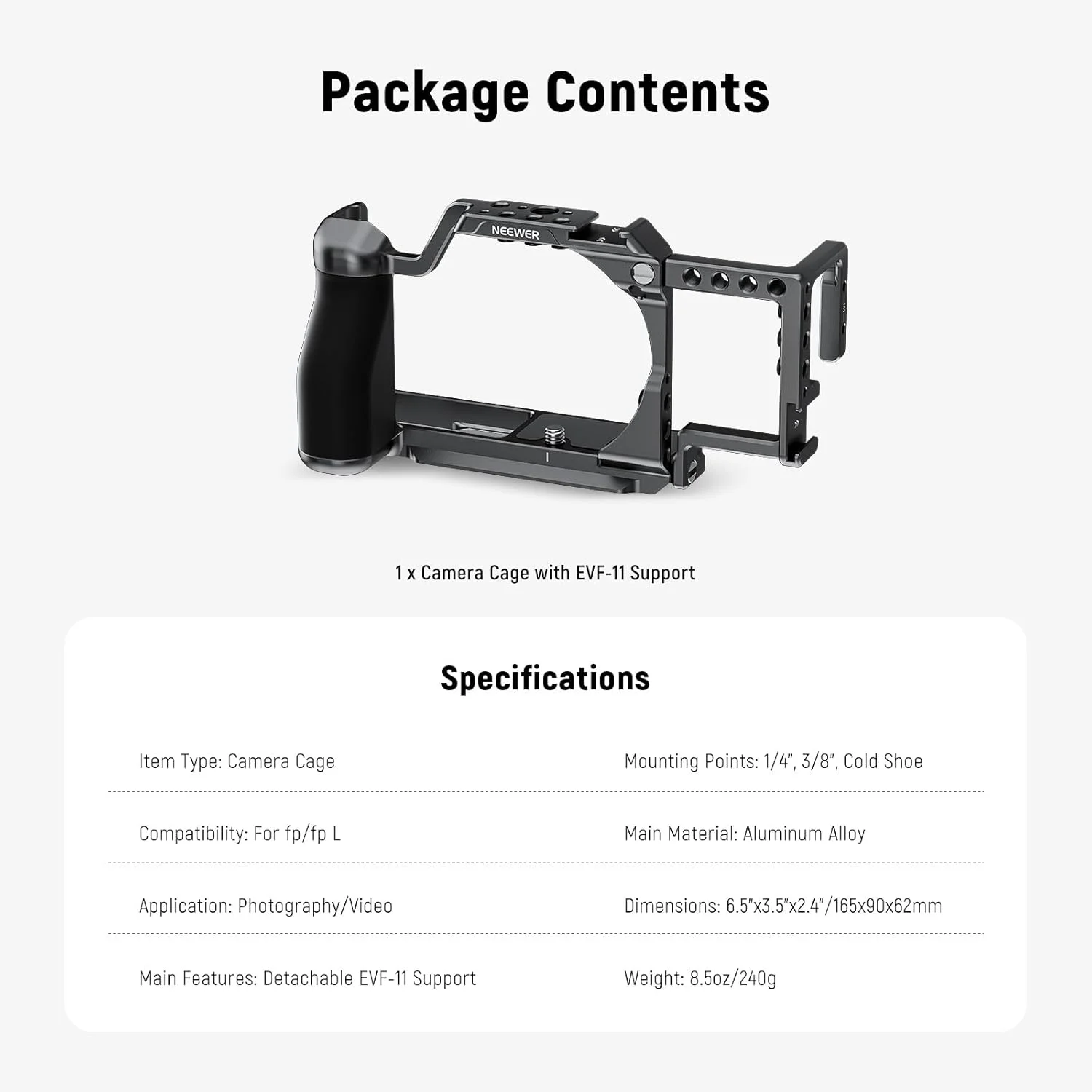 محافظ فلزی دوربین NEEWER مدل CA132 سازگار با SIGMA fp fpL DJI RS 4 Pro Gimbal، دارای مانت EVF-11، رزوه های 1/4 و 3/8 اینچ، صفحه رهاسازی سریع Arca و دستگیره سیلیکونی ارگونومیک محافظ فلزی دوربین NEEWER مدل CA132 سازگار با SIGMA fp fpL DJI RS 4 Pro Gimbal، دارای مانت EVF-11، رزوه های 1/4 و 3/8 اینچ، صفحه رهاسازی سریع Arca و دستگیره سیلیکونی ارگونومیک