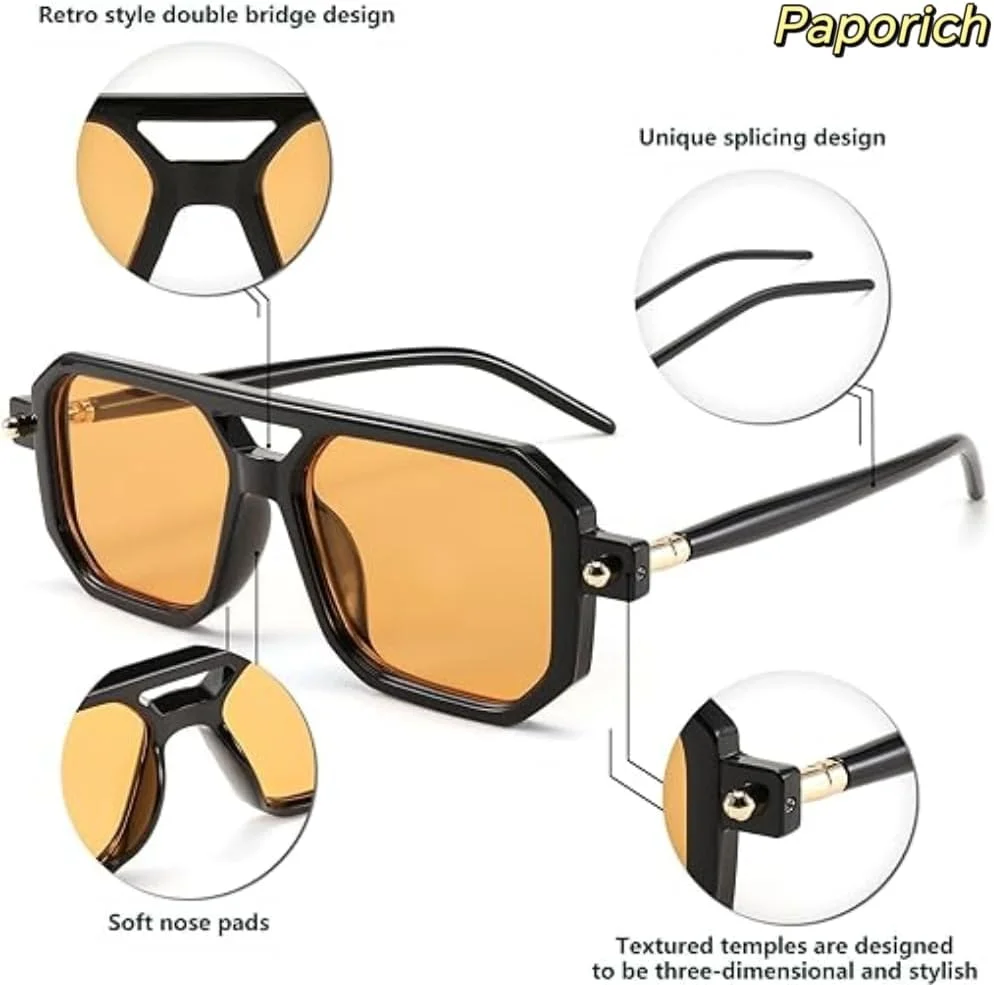 عینک آفتابی پاپوریچ مدل وینتیج رترو دهه 70، مناسب زنان و مردان، عینک مربعی بزرگ کلاسیک خلبانی، عینک های ترندی، فریم بزرگ رترو، مناسب رانندگی و تعطیلات در فضای باز (لنز نارنجی)