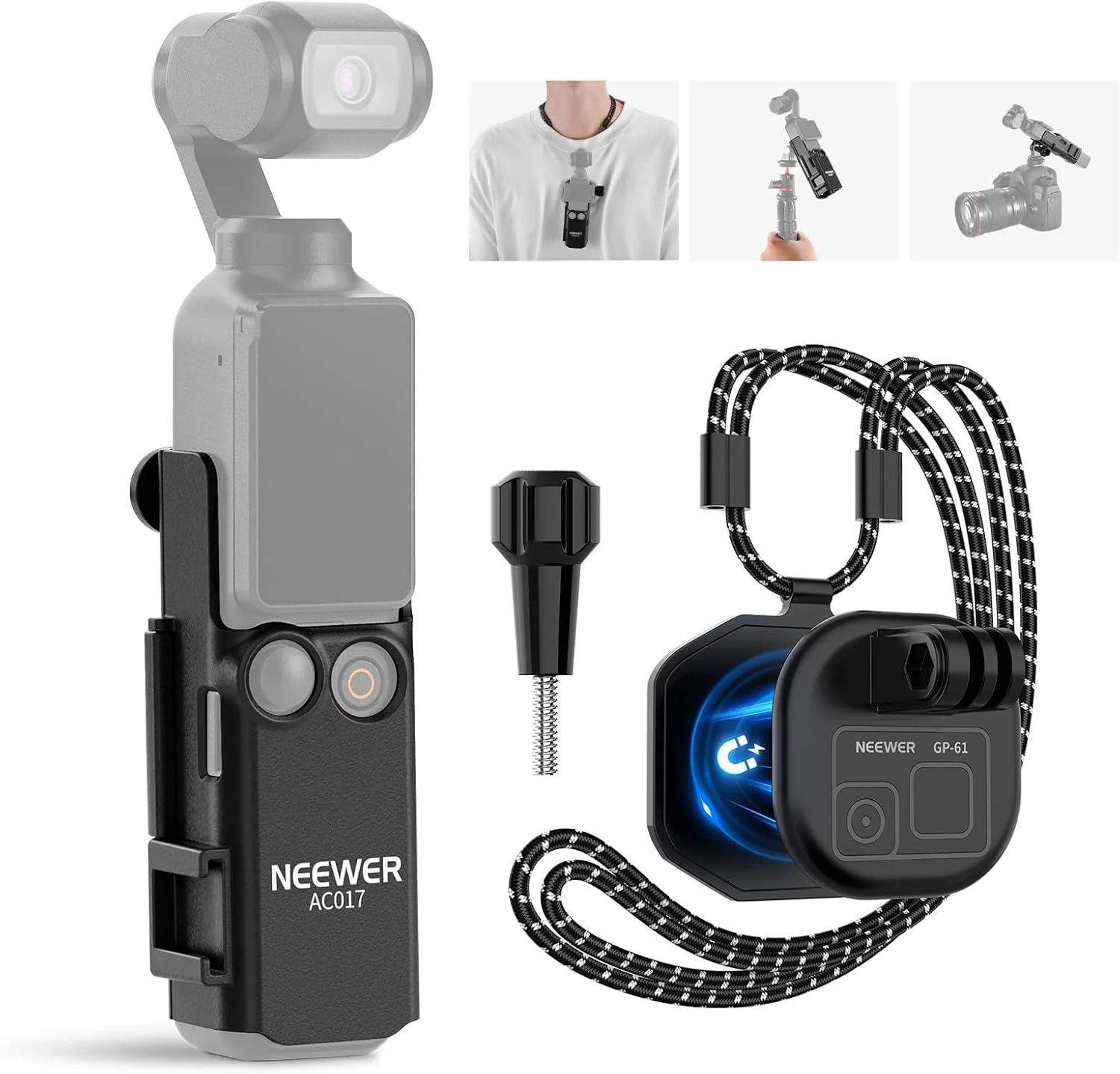 نگهدارنده گردنی مغناطیسی NEEWER GP-61 و آداپتور اتصال توسعه AC017 سازگار با لوازم جانبی DJI Osmo Pocket 3 Creator Combo، کیت نگهدارنده گردنی دوربین گیمبال قابل تنظیم برای ضبط ویدیوهای POV