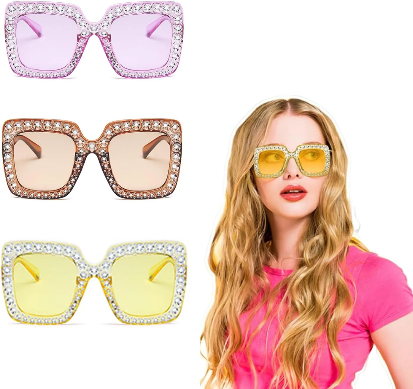 عینک آفتابی مستطیلی نگین دار NAWOKEENY، عینک آفتابی فریم ضخیم بزرگ، عینک آفتابی الماس دار، عینک آفتابی رترو درخشان برای لباس و اکسسوری مردانه، زنانه و دخترانه