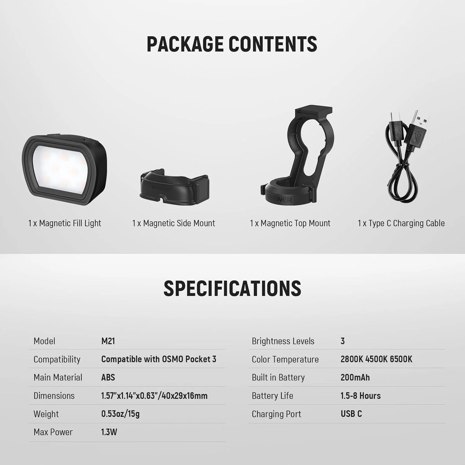 نور کمکی مغناطیسی NEEWER BASICS سازگار با دوربین گیمبال DJI OSMO Pocket 3 Creator Combo، نورپردازی LED کوچک قابل شارژ USB C برای ضبط سلفی ولاگ ویدیو، M21 مشکی نور کمکی مغناطیسی NEEWER BASICS سازگار با دوربین گیمبال DJI OSMO Pocket 3 Creator Combo، نورپردازی LED کوچک قابل شارژ USB C برای ضبط سلفی ولاگ ویدیو، M21 مشکی