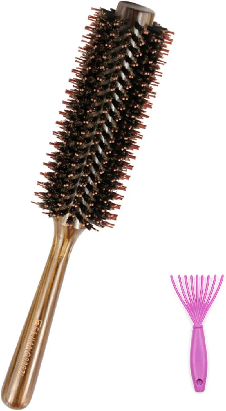 برس مو گرد فیبر دار جویلین، برس مو غلطکی با دسته چوبی طبیعی، برس خشک کن ضد الکتریسیته ساکن با تمیز کننده برس برای صاف کردن و فر کردن، موهای خیس و خشک، مردان و زنان