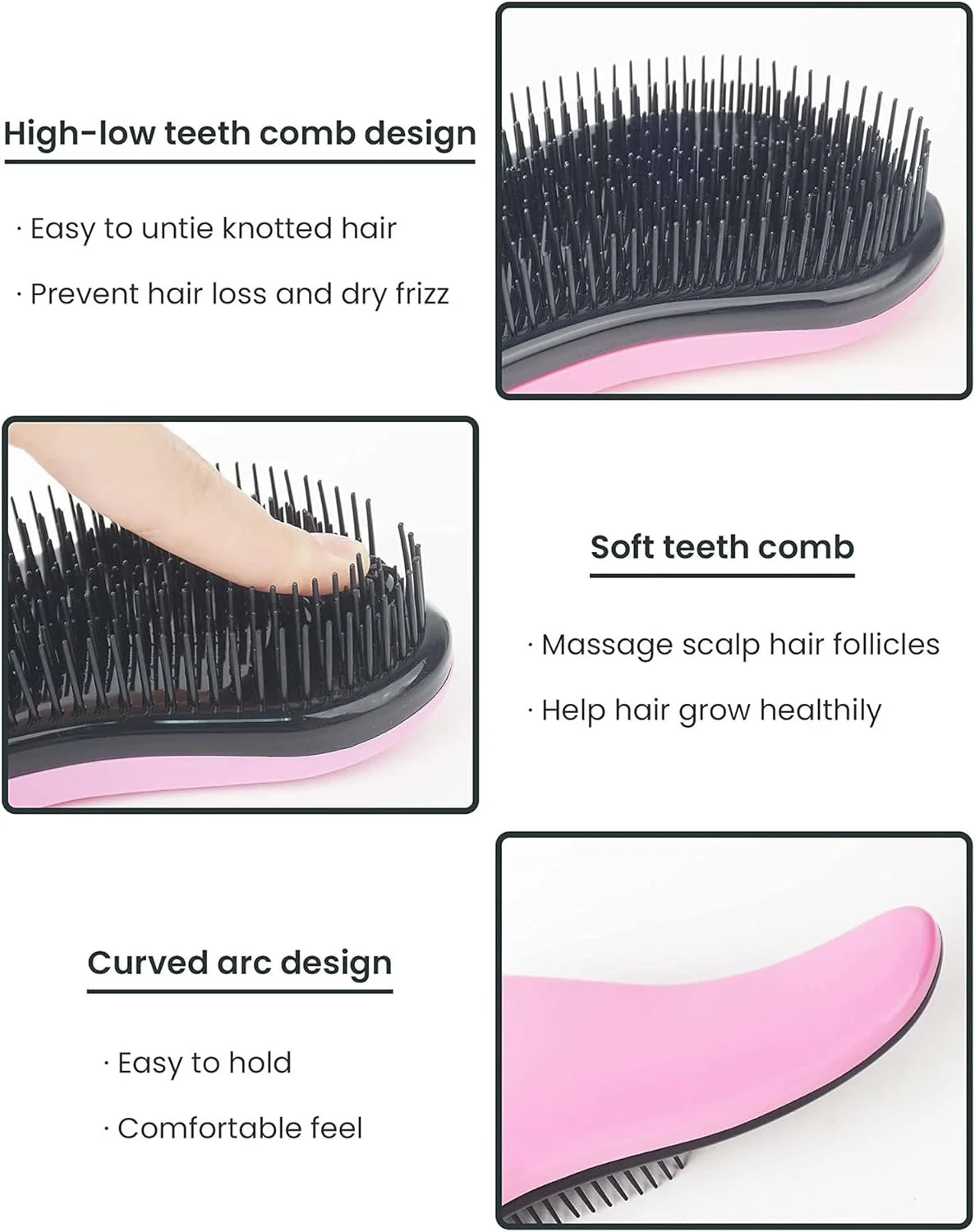 برس گره باز کن HBSTUDIO، ست برس باز کننده گره مو، برس مو بدون درد برای کودکان، برس باز کننده گره برای موهای فر، برس مو برای زنان، مردان و کودکان (3 عدد، مشکی، آبی، صورتی)