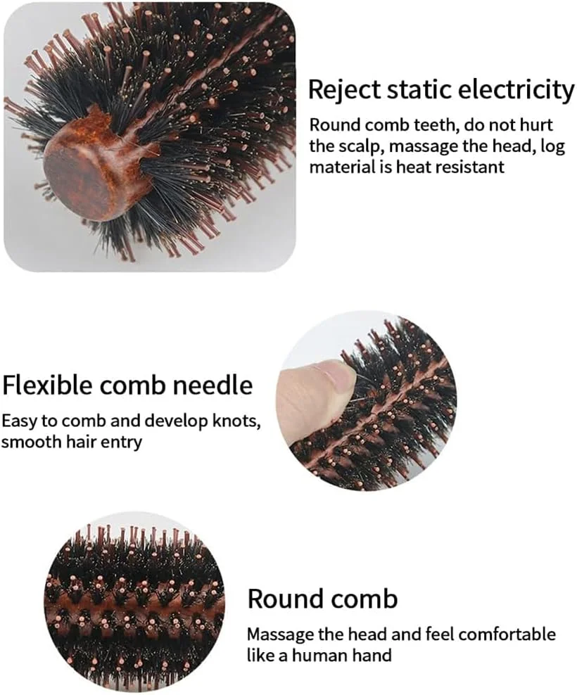 برس مو گرد فیبر دار جویلین، برس مو غلطکی با دسته چوبی طبیعی، برس خشک کن ضد الکتریسیته ساکن با تمیز کننده برس برای صاف کردن و فر کردن، موهای خیس و خشک، مردان و زنان
