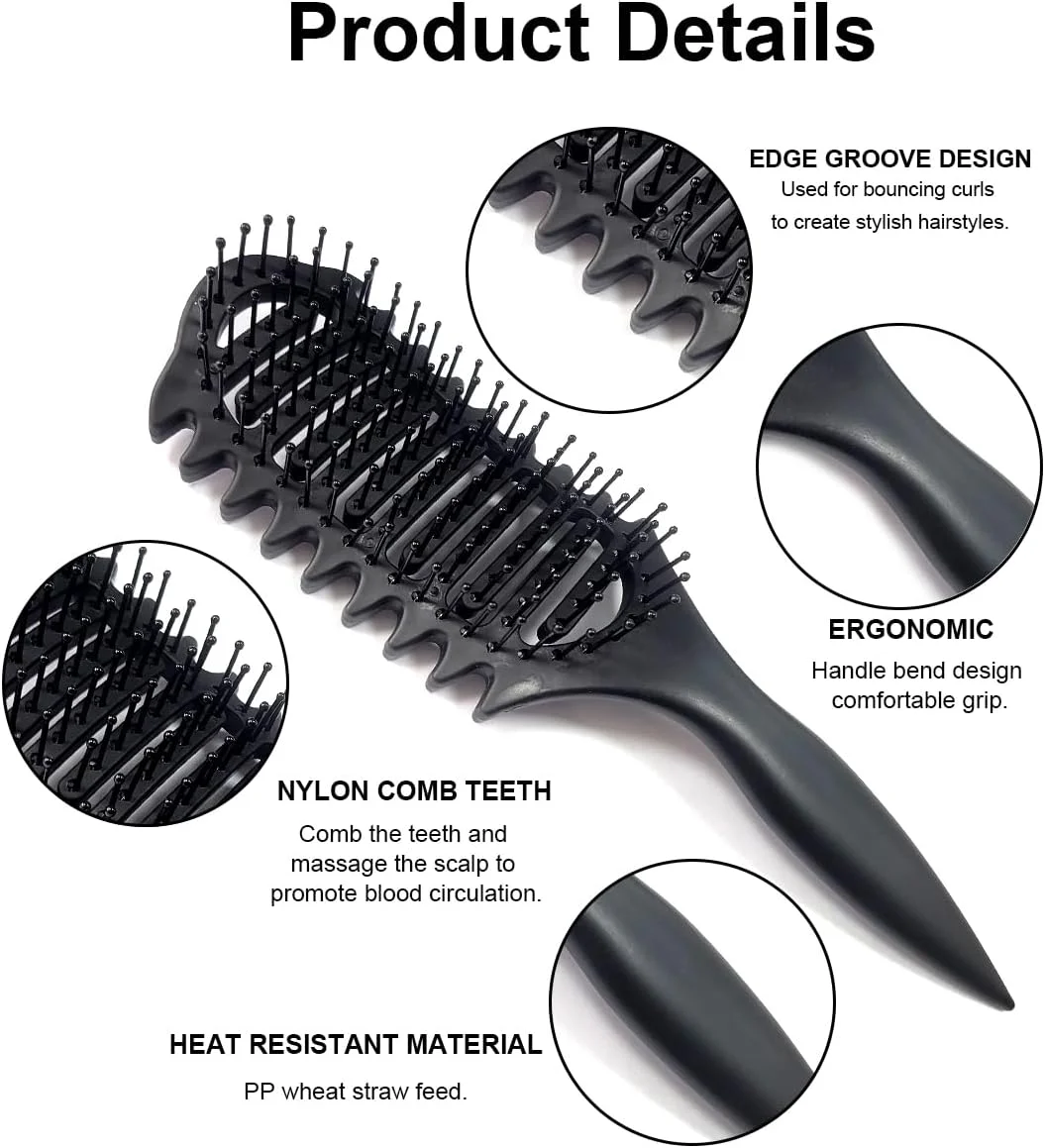 برس مو بدون کشیدن، برس فر کننده، برس باز کننده گره مو برای زنان، مردان و کودکان، برس حالت دهنده فر برای موهای فر، خیس، نازک و بلند، برس مو (مشکی)