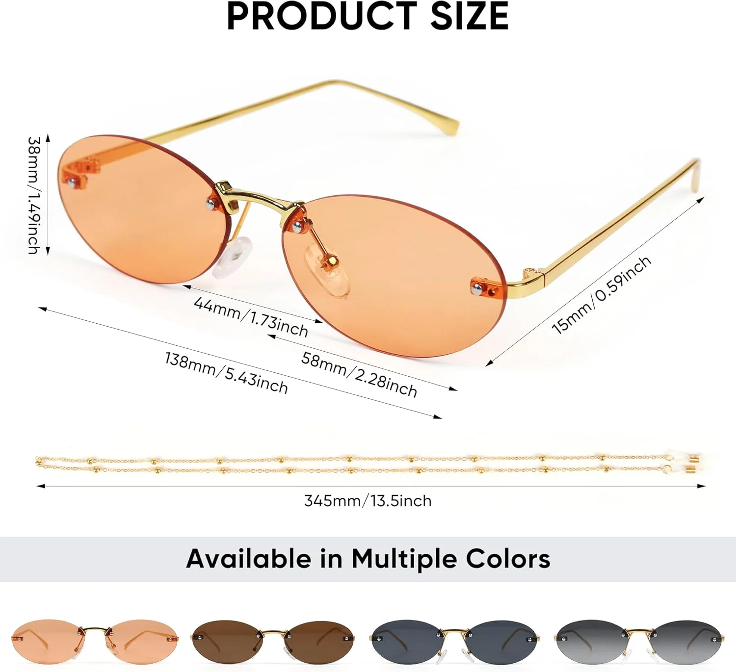 عینک آفتابی بیضی بدون فریم مگا وو، بند عینک، عینک آفتابی بدون فریم رنگی مد روز، عینک کوچک گرد قدیمی، عینک رترو برای زنان و مردان، رنگی مد روز، محافظت در برابر اشعه ماوراء بنفش