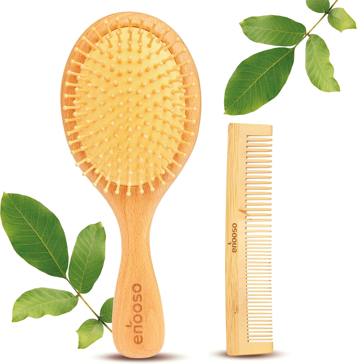 برس مو چوبی ENOOSO و شانه بامبو طبیعی | صاف کننده و باز کننده گره با موهای نرم | دسته بزرگ برای ماساژ پوست سر