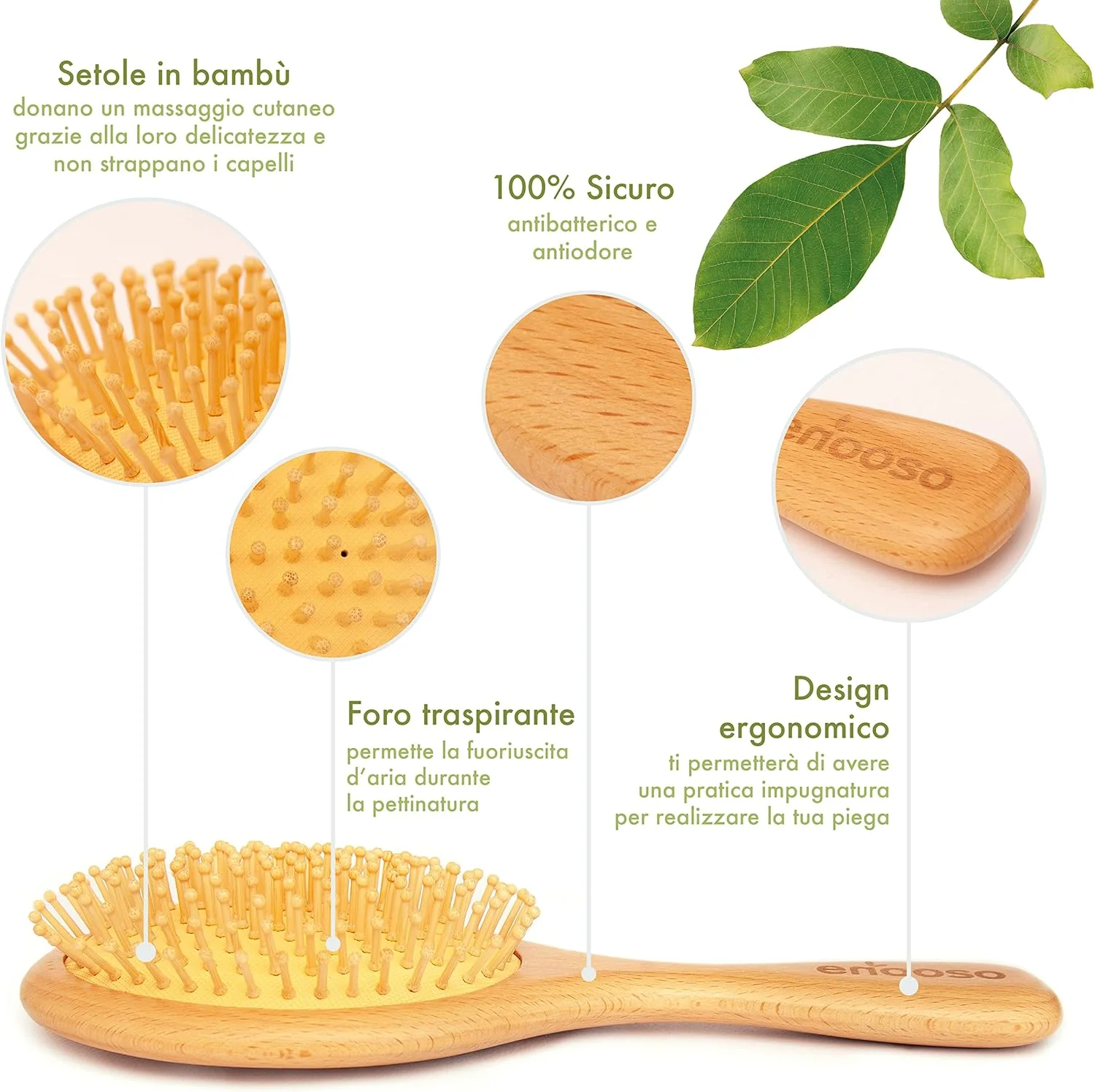 برس مو چوبی ENOOSO و شانه بامبو طبیعی | صاف کننده و باز کننده گره با موهای نرم | دسته بزرگ برای ماساژ پوست سر