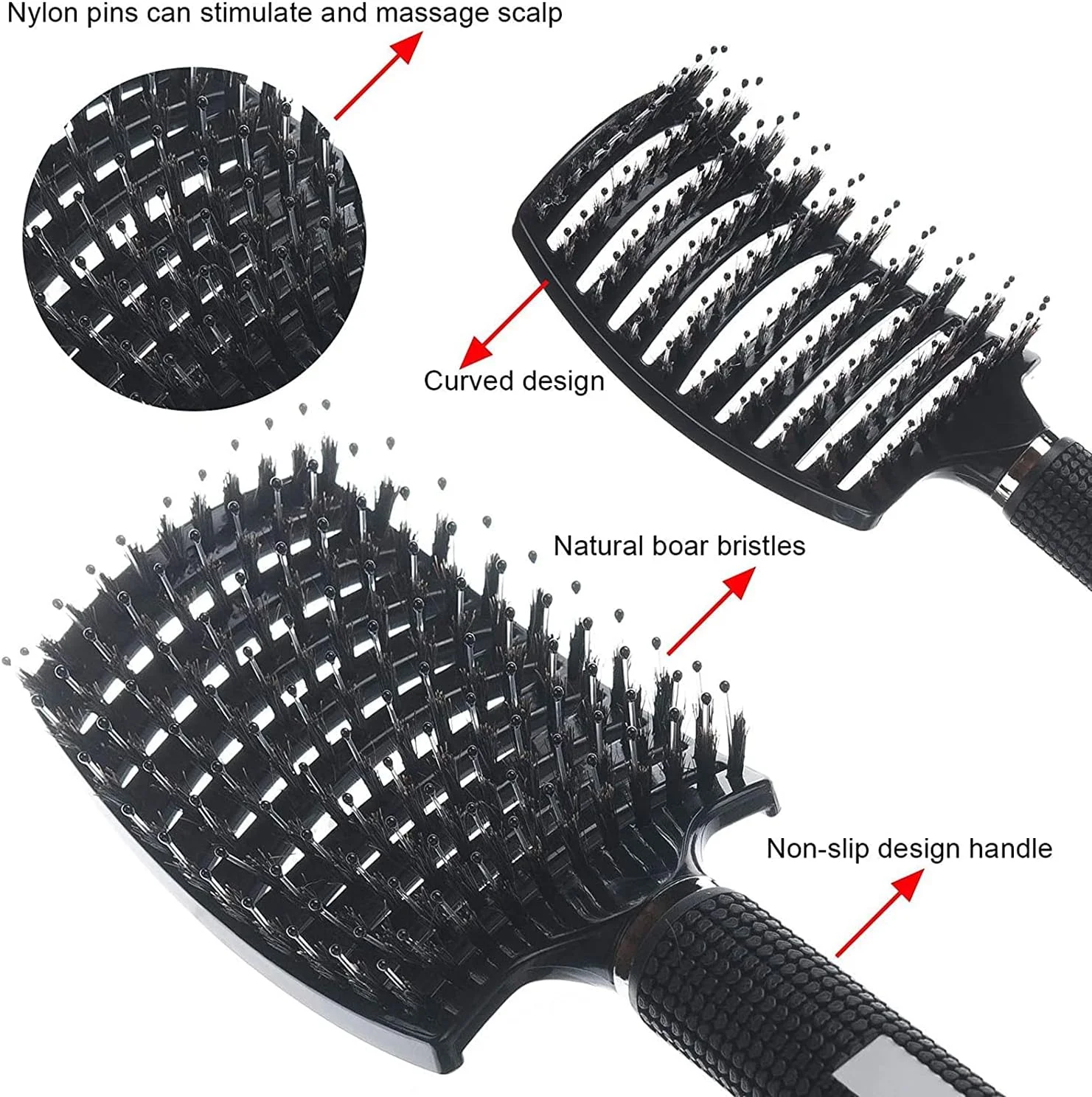 برس مو ELECDON، برس موی منحنی و دارای منفذ برای باز کردن گره موهای بلند، ضخیم، نازک، مجعد، گره خورده، مرطوب و خشک، مناسب برای زنان، مردان، شانه، ابزار آرایشگری و حالت دهی مو، 2 عدد (مشکی، قرمز)