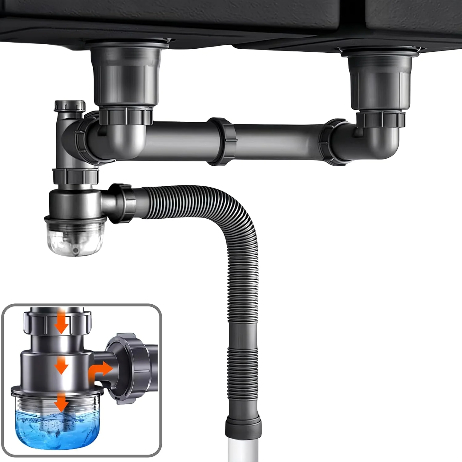 کیت لوله انعطاف پذیر و قابل گسترش 1 1/2 اینچ یا 1 1/4 اینچ برای سینک ظرفشویی دوقلو با مهر و موم ضد بو، کیت تخلیه همه کاره برای سینک های دو لگنه، صرفه جویی در فضا، مناسب برای آشپزخانه، حمام و سرویس بهداشتی کیت لوله انعطاف پذیر و قابل گسترش 1 1/2 اینچ یا 1 1/4 اینچ برای سینک ظرفشویی دوقلو با مهر و موم ضد بو، کیت تخلیه همه کاره برای سینک های دو لگنه، صرفه جویی در فضا، مناسب برای آشپزخانه، حمام و سرویس بهداشتی