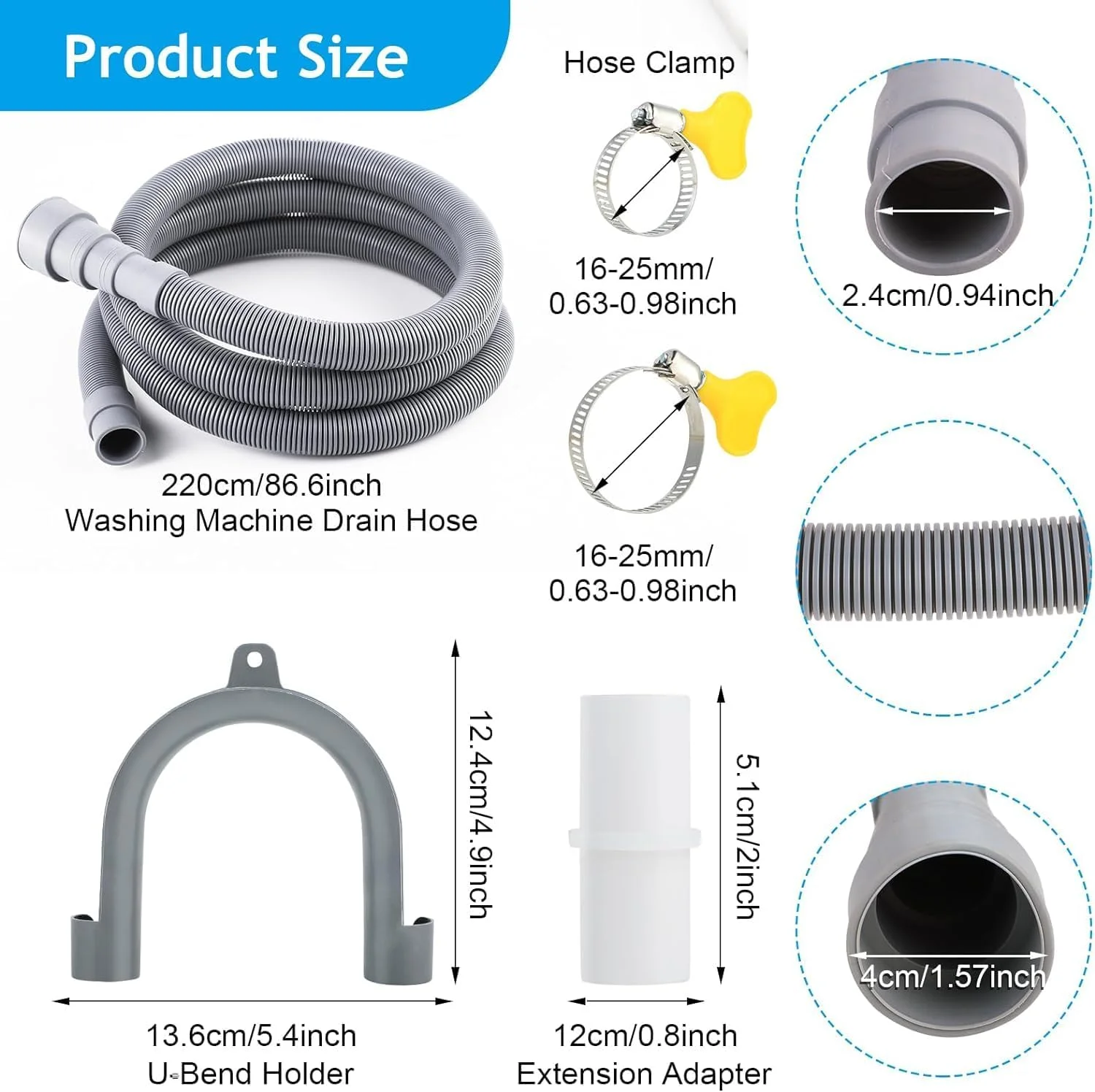 کیت لوله خرطومی تخلیه جهانی Fjeytor (2 متر), لوله خرطومی تخلیه ماشین لباسشویی، لوله خرطومی تخلیه جایگزین برای ماشین خشک کن، ماشین ظرفشویی و سایر کاربردها کیت لوله خرطومی تخلیه جهانی Fjeytor (2 متر), لوله خرطومی تخلیه ماشین لباسشویی، لوله خرطومی تخلیه جایگزین برای ماشین خشک کن، ماشین ظرفشویی و سایر کاربردها