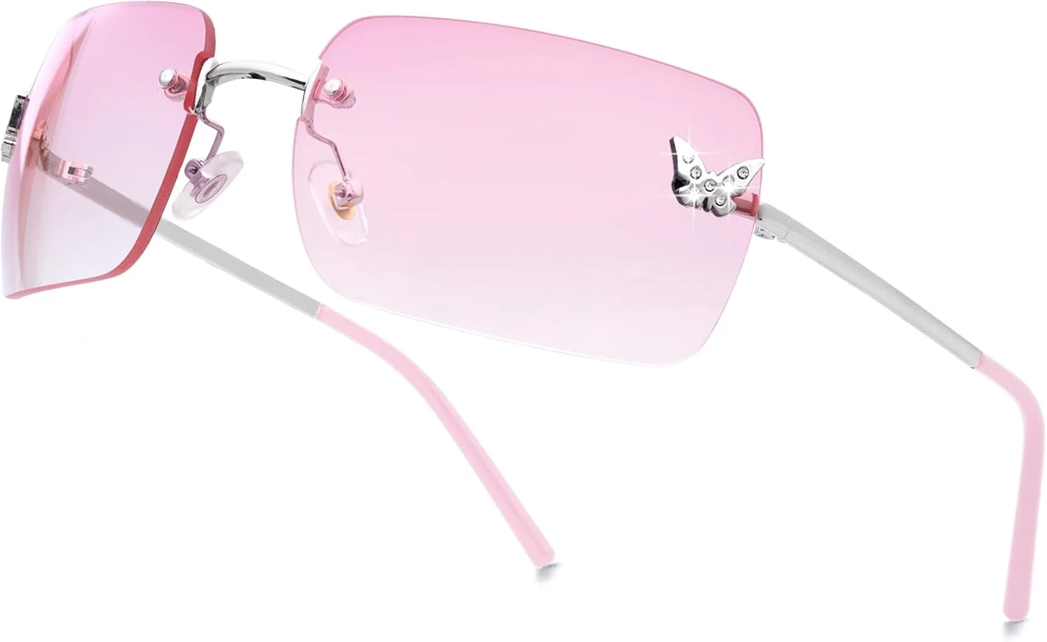 عینک آفتابی مستطیلی بدون فریم knliwkm Y2k زنانه مردانه کوچک زیبا بدون فریم لنز رنگی 2000S سایه های مد پروانه ای