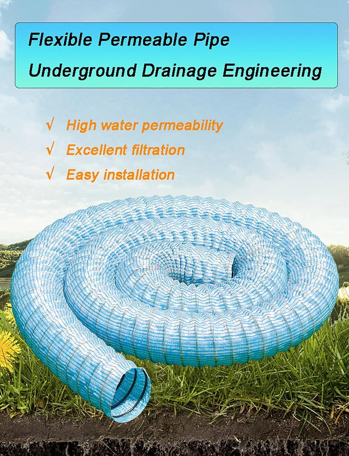 لوله زهکشی فرانسوی راه راه سیم فولادی 2 اینچی با پارچه، لوله زهکشی سوراخ دار نرم برای نفوذ به زمین برای پاسیو/فضای بیرونی/حیاط (12 متر)