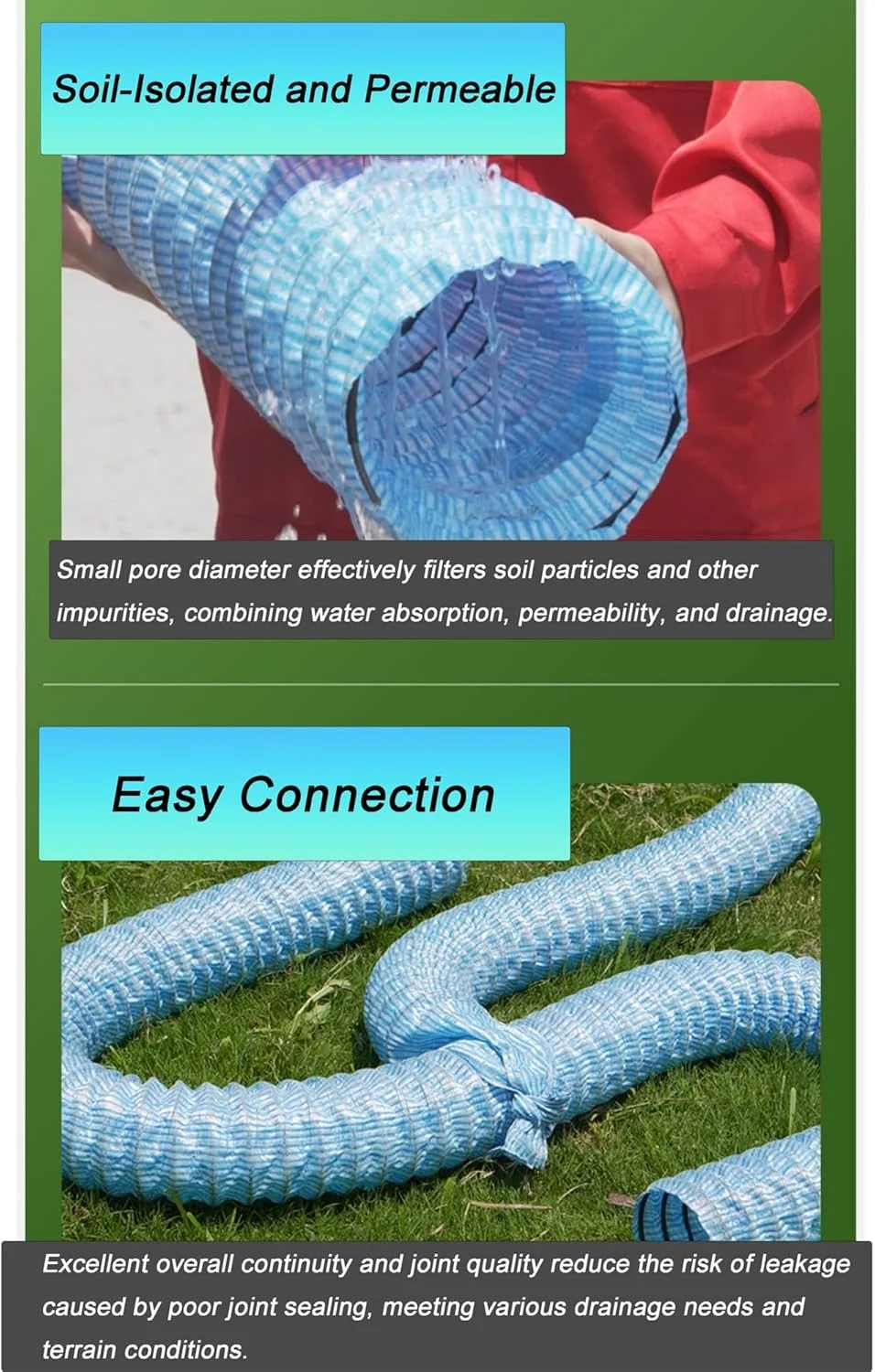 لوله زهکشی فرانسوی راه راه سیم فولادی 2 اینچی با پارچه، لوله زهکشی سوراخ دار نرم برای نفوذ به زمین برای پاسیو/فضای بیرونی/حیاط (12 متر)