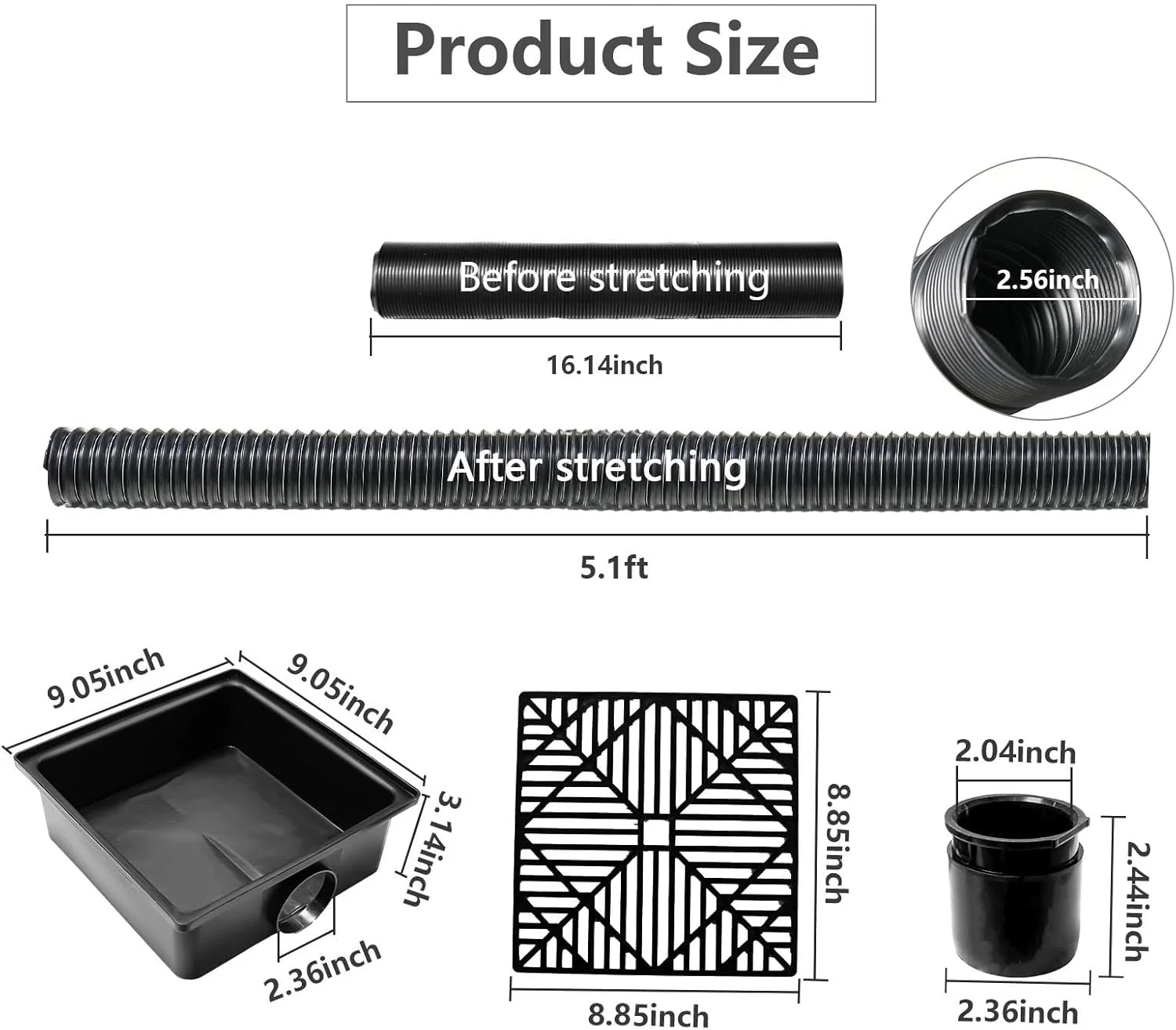 لوله تخلیه آب باران Omabeta، جنس پلی پروپیلن، طراحی شیب دار، دارای دو سوراخ تخلیه، شلنگ خرطومی انعطاف پذیر با تقویت فولادی، نصب آسان، افزایش طول لوله تخلیه آب باران