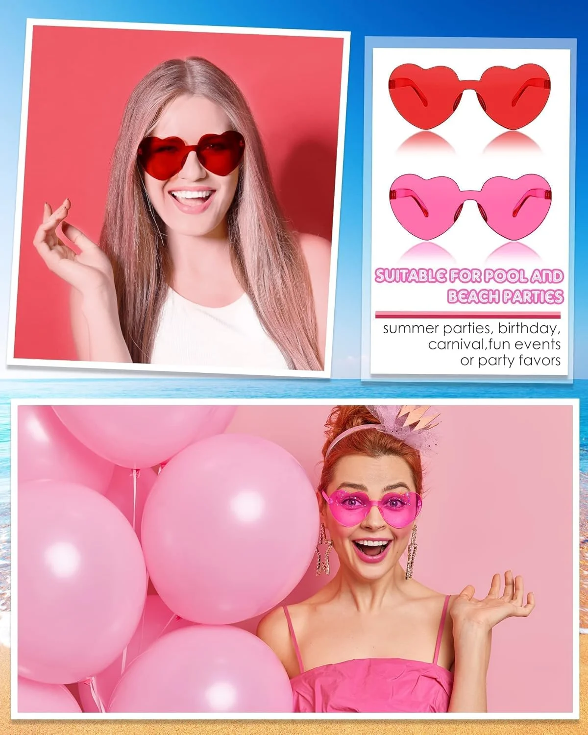 عینک آفتابی بدون فریم طرح قلب KASTWAVE، عینک رنگی مد روز با رنگ آب نباتی شفاف برای مهمانی - 8 جفت