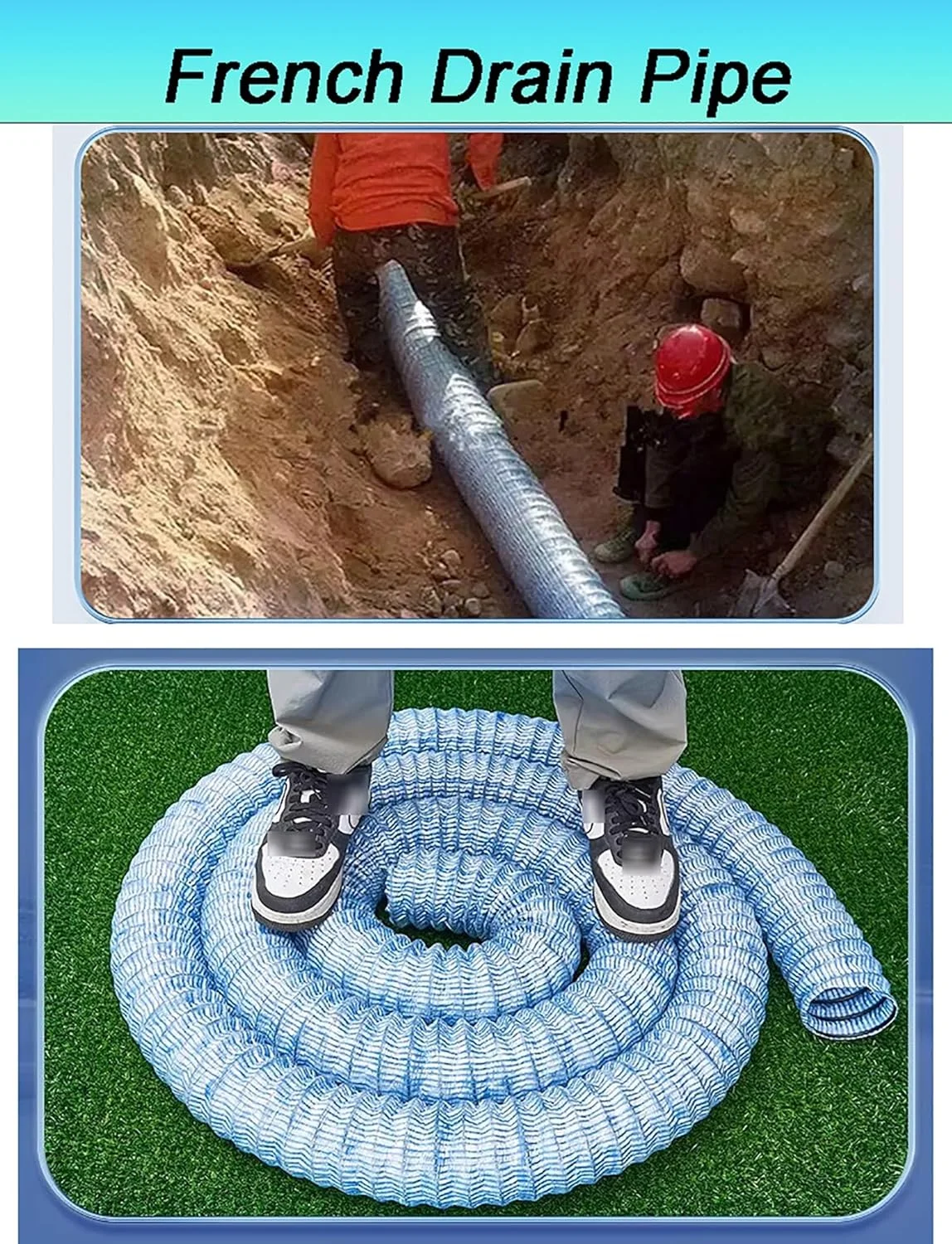 لوله زهکشی فرانسوی 2 اینچی 1 تا 20 متری، لوله های زهکشی نفوذی نرم فوق العاده بلند با سیم فولادی برای محوطه سازی، کیت زهکشی سوراخ دار (10 متر / 32.8 فوت)