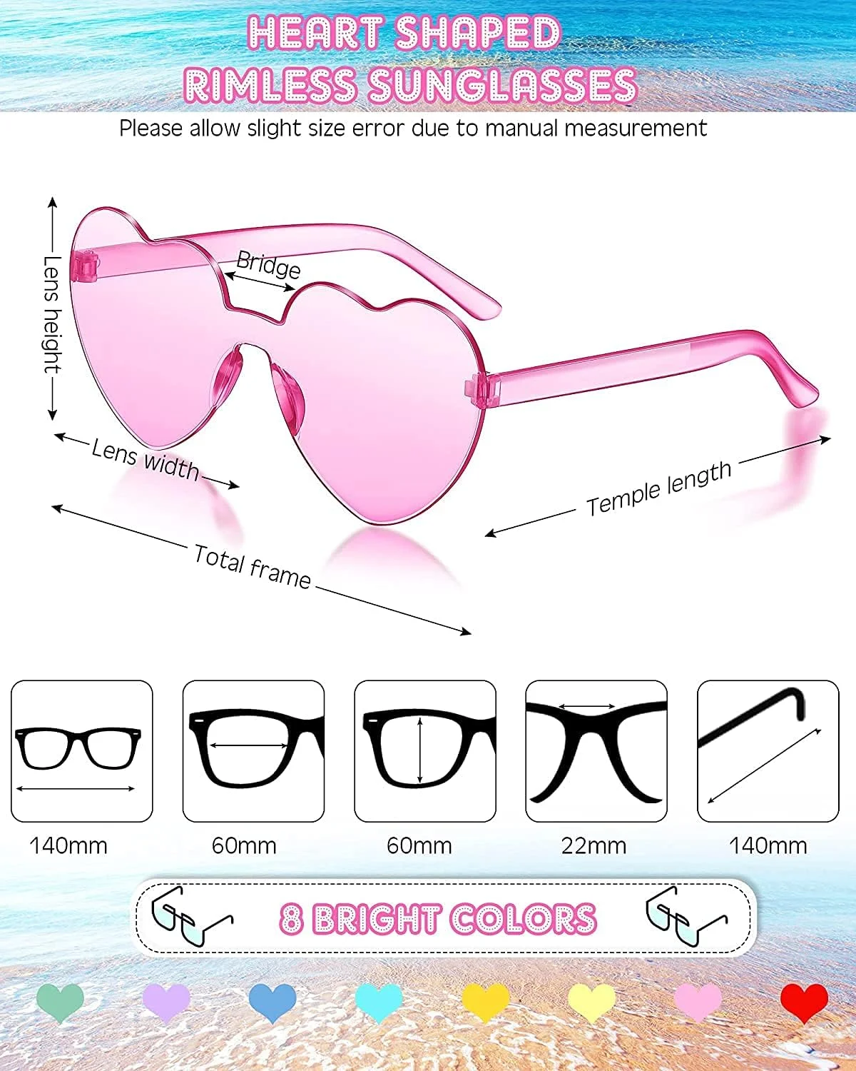 عینک آفتابی بدون فریم قلبی شکل KASTWAVE، 8 جفت، عینک بدون فریم، عینک های رنگی شفاف مد روز، عینک های رنگی آب نباتی، مناسب برای ایفای نقش هدیه مهمانی