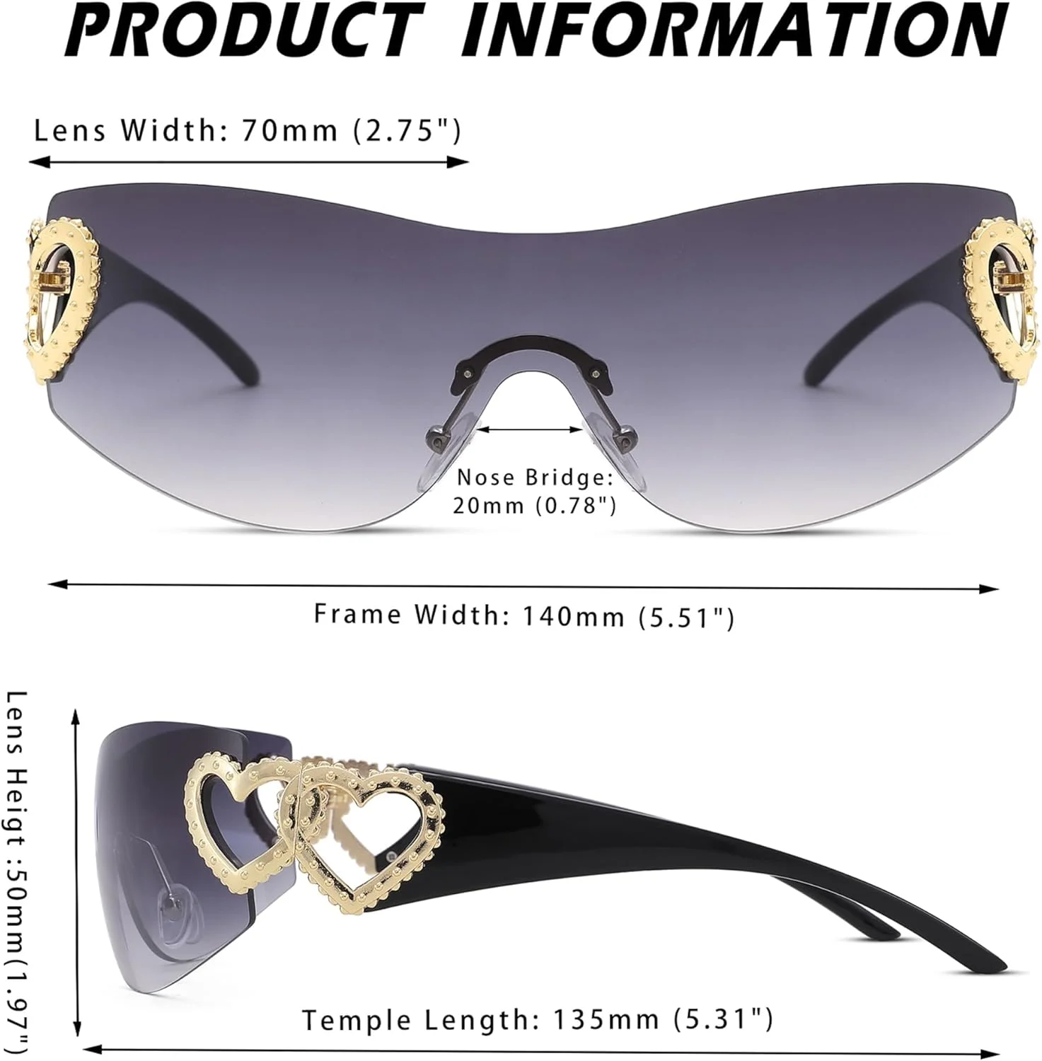 عینک آفتابی قلبی KASTWAVE Y2K زنانه مردانه، عینک آفتابی ترند و دور پیچ بدون فریم محافظ بزرگ