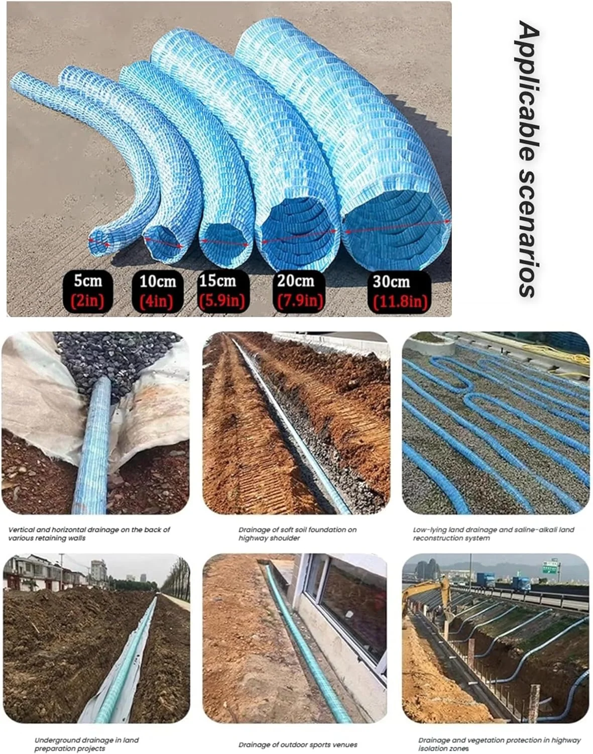 لوله زهکشی فرانسوی سوراخ دار راه راه 2/3/4 اینچی، لوله های زهکشی نفوذی نرم، لوله زهکشی منظره قابل نفوذ برای حیاط و چمن (10 سانتی متر / 3.9 اینچ، طول 1000 سانتی متر (32.8 فوت))