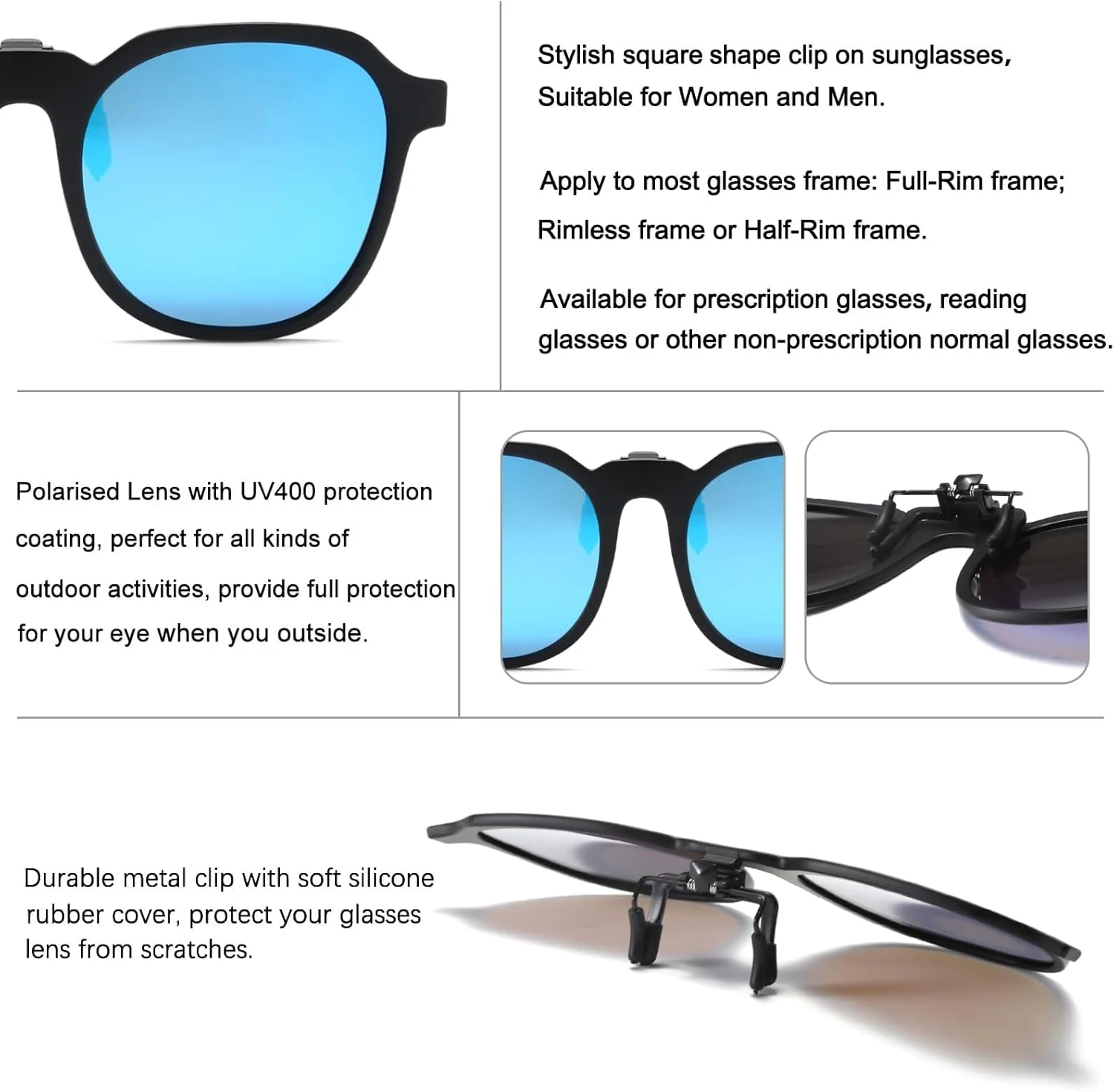 عینک آفتابی کلیپسی پلاریزه KASTWAVE برای عینک طبی، محافظت UV400 ضد تابش نور زنانه و مردانه، طراحی مربعی و گرد، ایده آل برای رانندگی