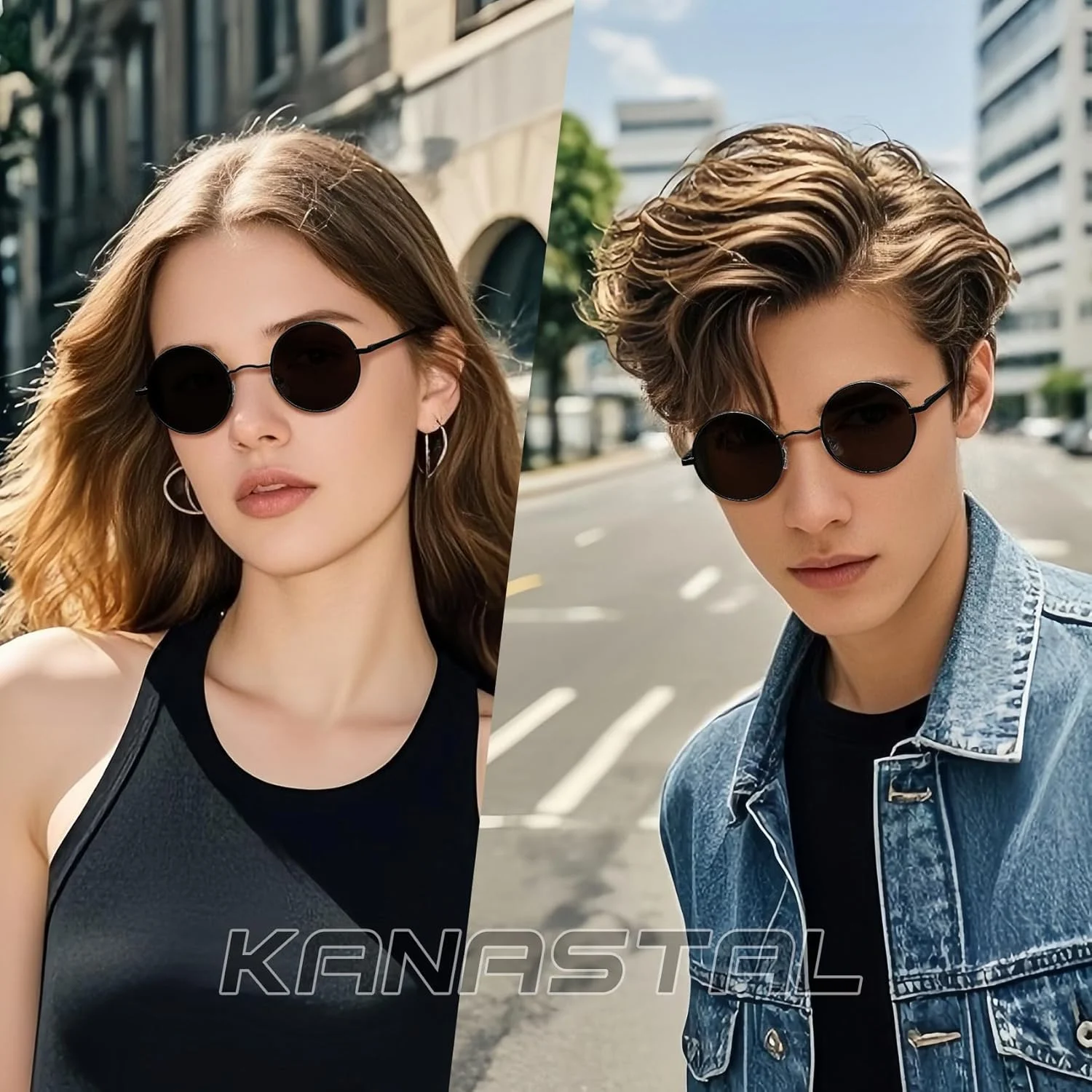 عینک آفتابی گرد پلاریزه هیپی KANASTAL برای زنان و مردان، عینک آفتابی دایره ای کوچک با فریم فلزی کلاسیک و قدیمی با محافظت UV400