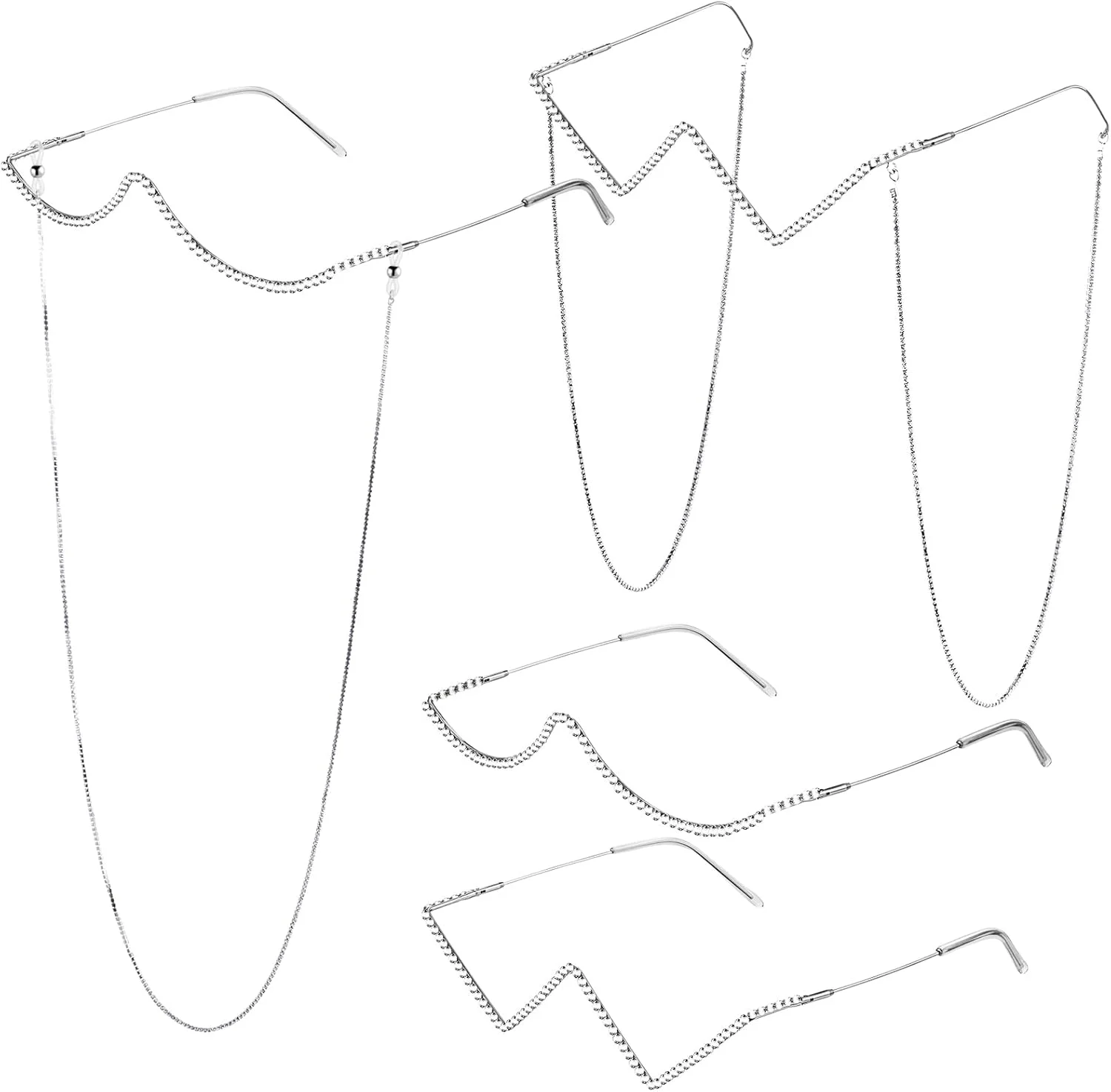 عینک نگین دار بدون عدسی Kanayu، فریم نیمه، 4 عدد، عینک الماسی، عینک آفتابی نگین دار V شکل، عینک فلزی کریستالی نیمه فریم برای زنان، نقره ای
