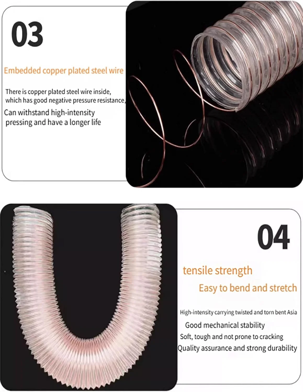 شلنگ جاروبرقی جداکننده گرد و غبار انعطاف پذیر، ضخامت 0.93 میلی متر، شلنگ پلی یورتان PU مقاوم در برابر سوراخ شدن با سیم فولادی روکش مس (130 میلی متر / 5.1 اینچ) شلنگ جاروبرقی جداکننده گرد و غبار انعطاف پذیر، ضخامت 0.93 میلی متر، شلنگ پلی یورتان PU مقاوم در برابر سوراخ شدن با سیم فولادی روکش مس (130 میلی متر / 5.1 اینچ)