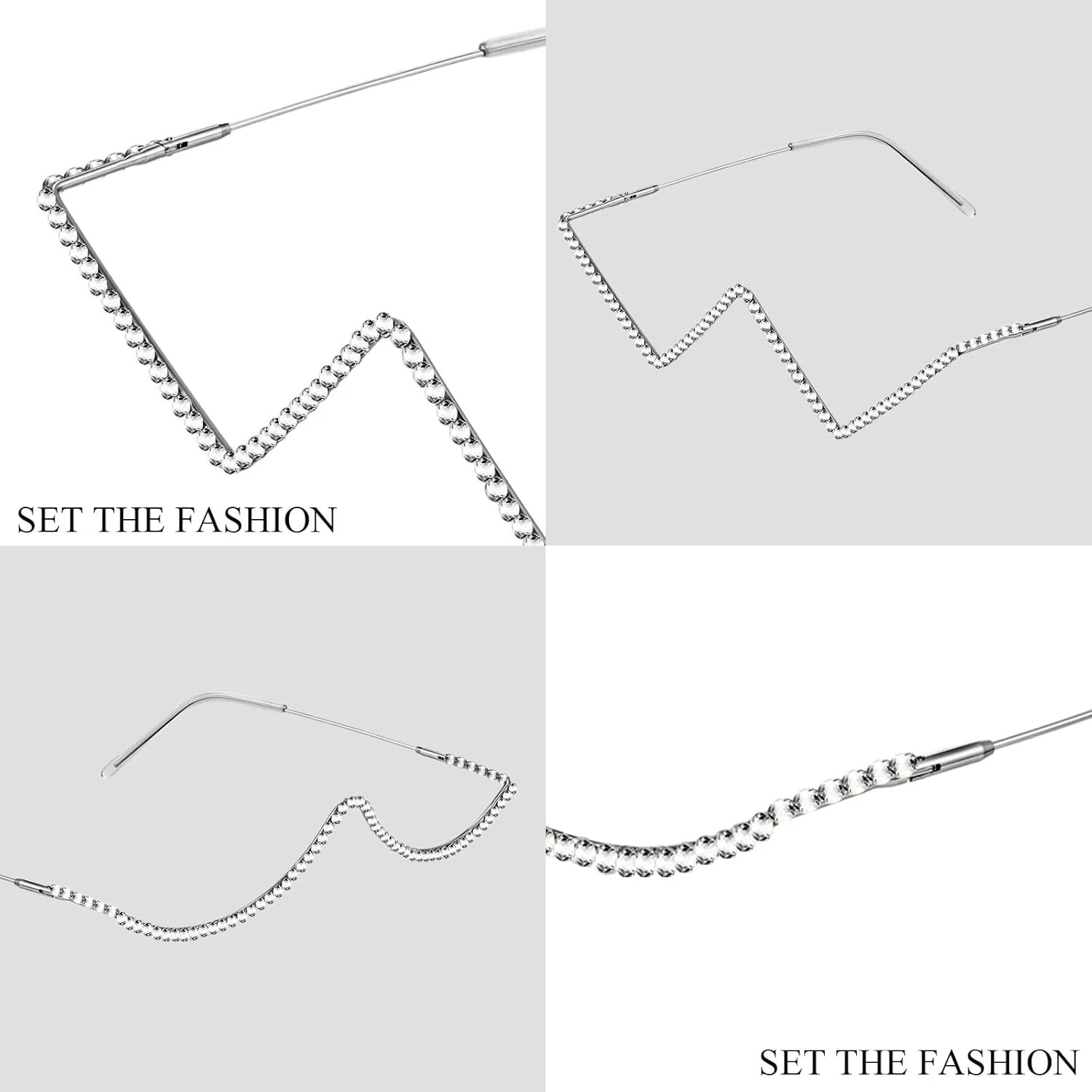 عینک نگین دار بدون عدسی Kanayu، فریم نیمه، 4 عدد، عینک الماسی، عینک آفتابی نگین دار V شکل، عینک فلزی کریستالی نیمه فریم برای زنان، نقره ای