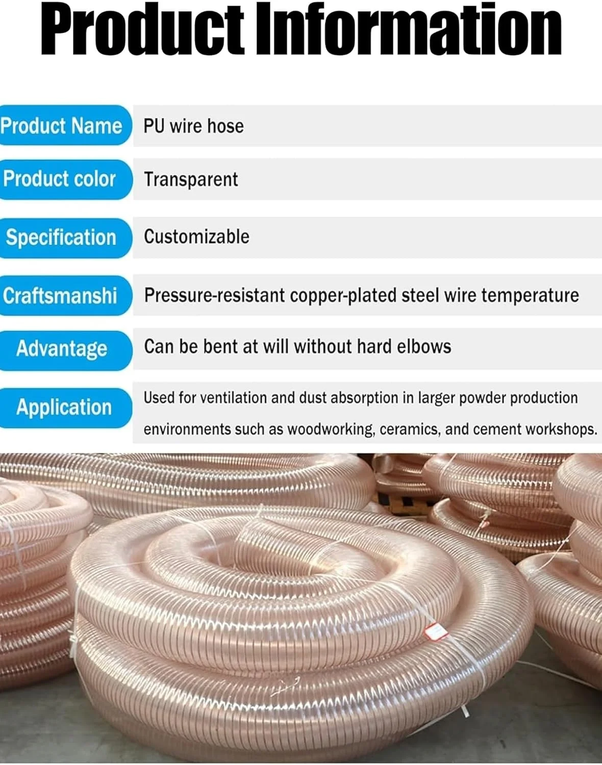 شلنگ جاروبرقی جداکننده گرد و غبار انعطاف پذیر، ضخامت 0.93 میلی متر، شلنگ پلی یورتان PU مقاوم در برابر سوراخ شدن با سیم فولادی روکش مس (130 میلی متر / 5.1 اینچ) شلنگ جاروبرقی جداکننده گرد و غبار انعطاف پذیر، ضخامت 0.93 میلی متر، شلنگ پلی یورتان PU مقاوم در برابر سوراخ شدن با سیم فولادی روکش مس (130 میلی متر / 5.1 اینچ)