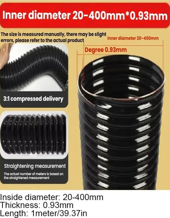 لوله خرطومی مشکی جاروبرقی، جداکننده گرد و غبار انعطاف پذیر، ضخامت 0.93 میلی متر، لوله پلی یورتان PU برای مکنده گرد و غبار صنعتی (190 میلی متر / 7.5 اینچ)