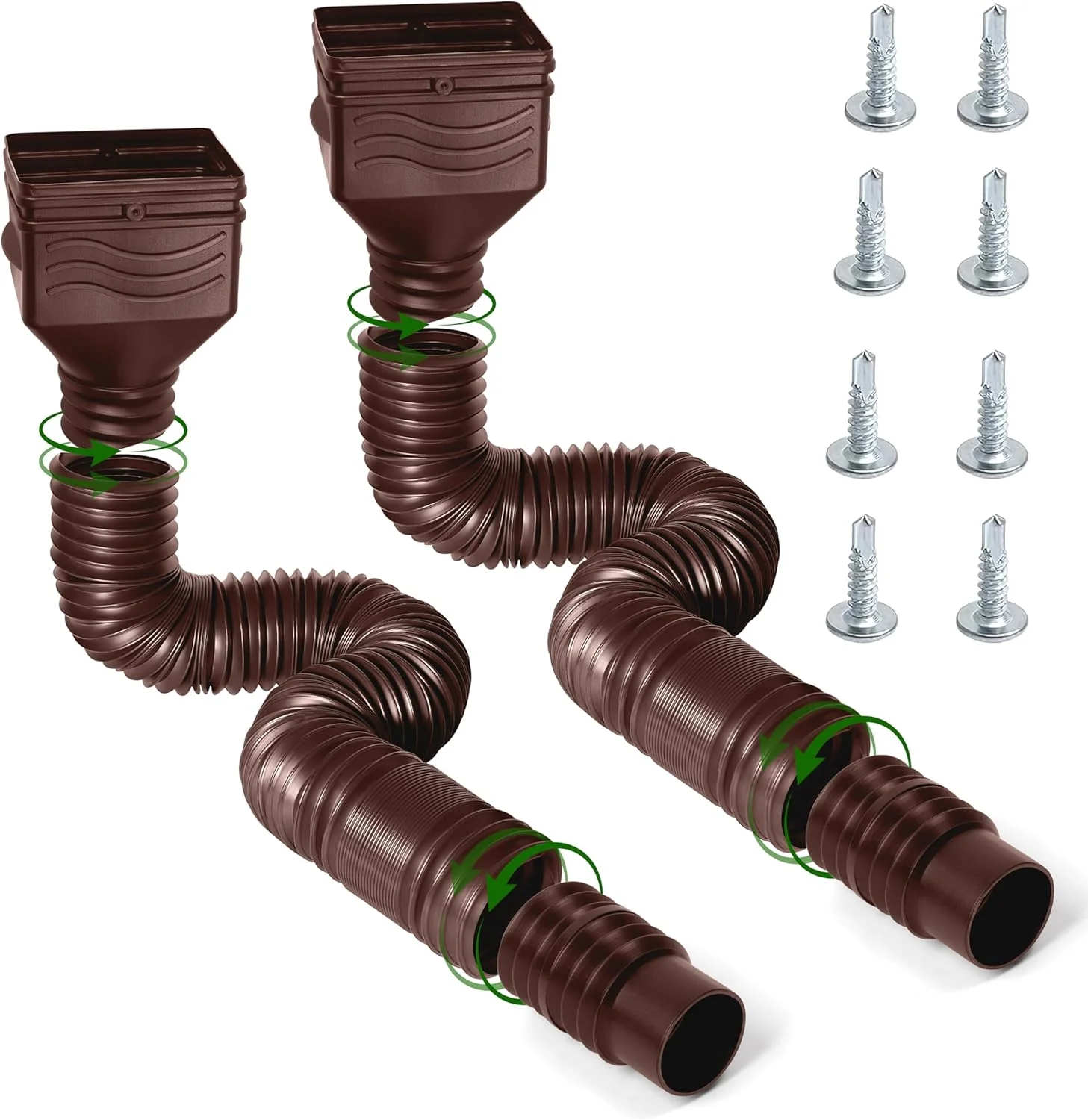 لوله تخلیه ناودانی قابل گسترش E1mity، 2 عدد لوله خرطومی انعطاف پذیر 67 اینچی، کیت قابل تنظیم آب باران از 21 تا 67 اینچ، اتصال دهنده ناودانی با پیچ برای چمنزارها، باغ ها، حیاط ها و کف های سیمانی فضای باز، قهوه ای