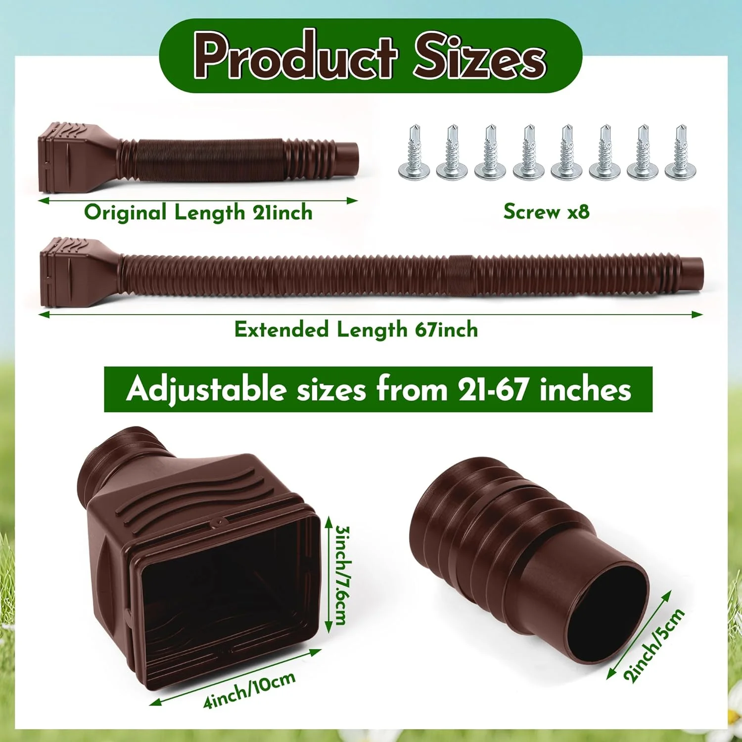 لوله تخلیه ناودانی قابل گسترش E1mity، 2 عدد لوله خرطومی انعطاف پذیر 67 اینچی، کیت قابل تنظیم آب باران از 21 تا 67 اینچ، اتصال دهنده ناودانی با پیچ برای چمنزارها، باغ ها، حیاط ها و کف های سیمانی فضای باز، قهوه ای