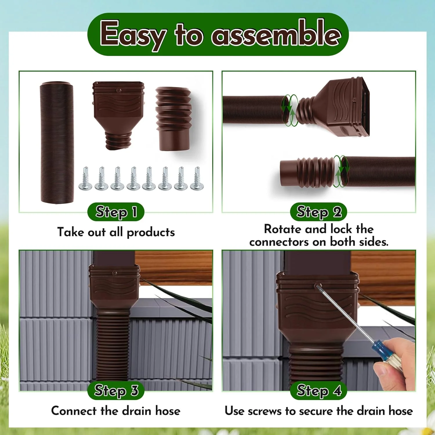 لوله تخلیه ناودانی قابل گسترش E1mity، 2 عدد لوله خرطومی انعطاف پذیر 67 اینچی، کیت قابل تنظیم آب باران از 21 تا 67 اینچ، اتصال دهنده ناودانی با پیچ برای چمنزارها، باغ ها، حیاط ها و کف های سیمانی فضای باز، قهوه ای