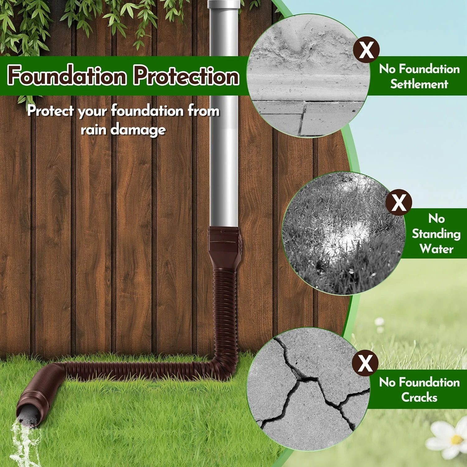 لوله تخلیه ناودانی قابل گسترش E1mity، 2 عدد لوله خرطومی انعطاف پذیر 67 اینچی، کیت قابل تنظیم آب باران از 21 تا 67 اینچ، اتصال دهنده ناودانی با پیچ برای چمنزارها، باغ ها، حیاط ها و کف های سیمانی فضای باز، قهوه ای