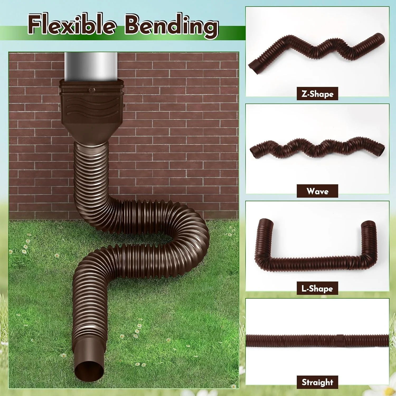 لوله تخلیه ناودانی قابل گسترش E1mity، 2 عدد لوله خرطومی انعطاف پذیر 67 اینچی، کیت قابل تنظیم آب باران از 21 تا 67 اینچ، اتصال دهنده ناودانی با پیچ برای چمنزارها، باغ ها، حیاط ها و کف های سیمانی فضای باز، قهوه ای