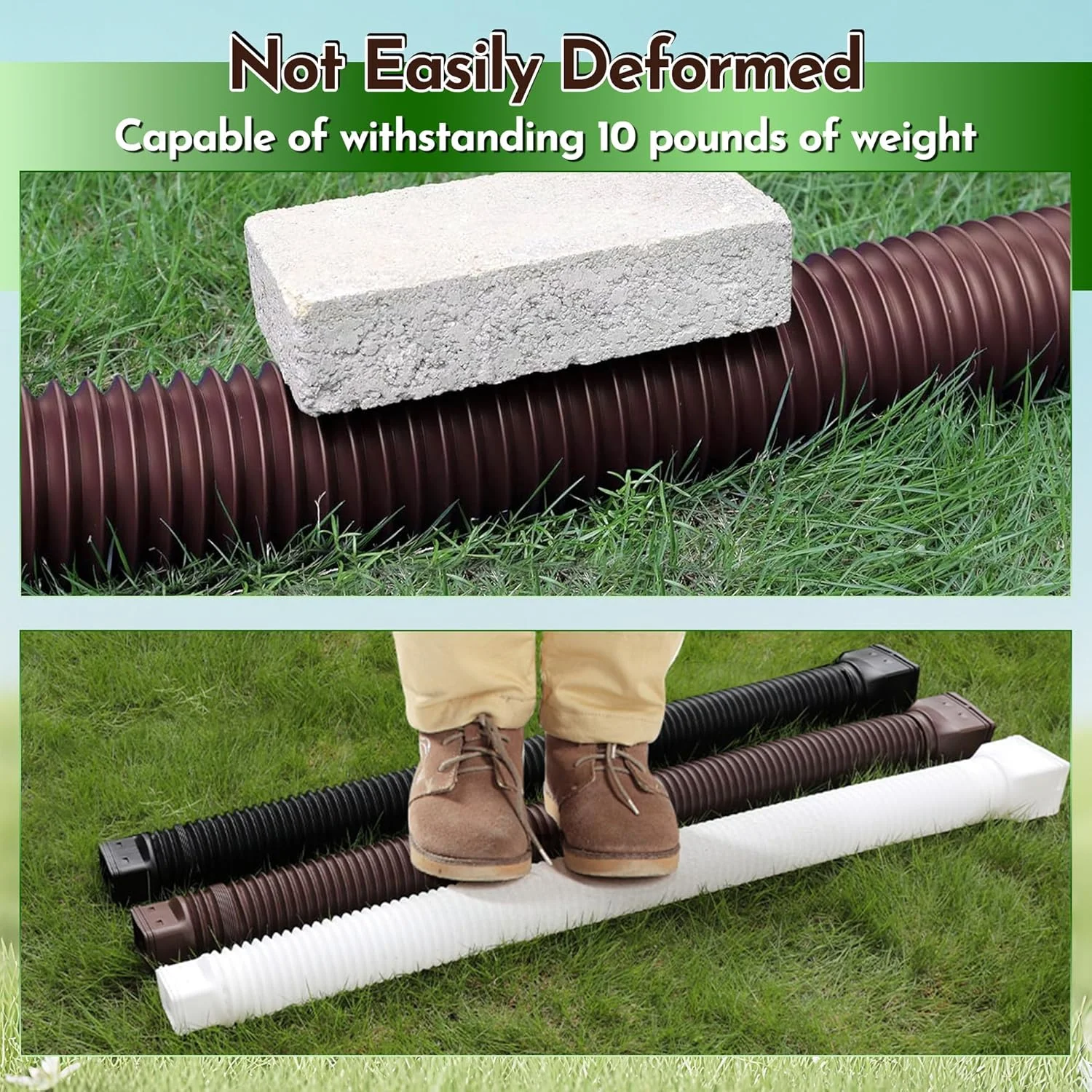 لوله تخلیه ناودانی قابل گسترش E1mity، 2 عدد لوله خرطومی انعطاف پذیر 67 اینچی، کیت قابل تنظیم آب باران از 21 تا 67 اینچ، اتصال دهنده ناودانی با پیچ برای چمنزارها، باغ ها، حیاط ها و کف های سیمانی فضای باز، قهوه ای