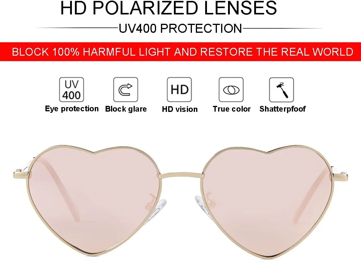 عینک آفتابی قلبی پلاریزه زنانه، فریم فلزی شیک و دوست داشتنی با لنز محافظ UV400