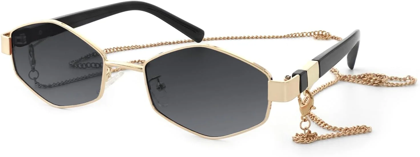 عینک آفتابی فلزی شش ضلعی JiSoo زنانه، طراحی قاب رترو، سبک کلاسیک با زنجیر محافظ UV400 عینک آفتابی فلزی شش ضلعی JiSoo زنانه، طراحی قاب رترو، سبک کلاسیک با زنجیر محافظ UV400