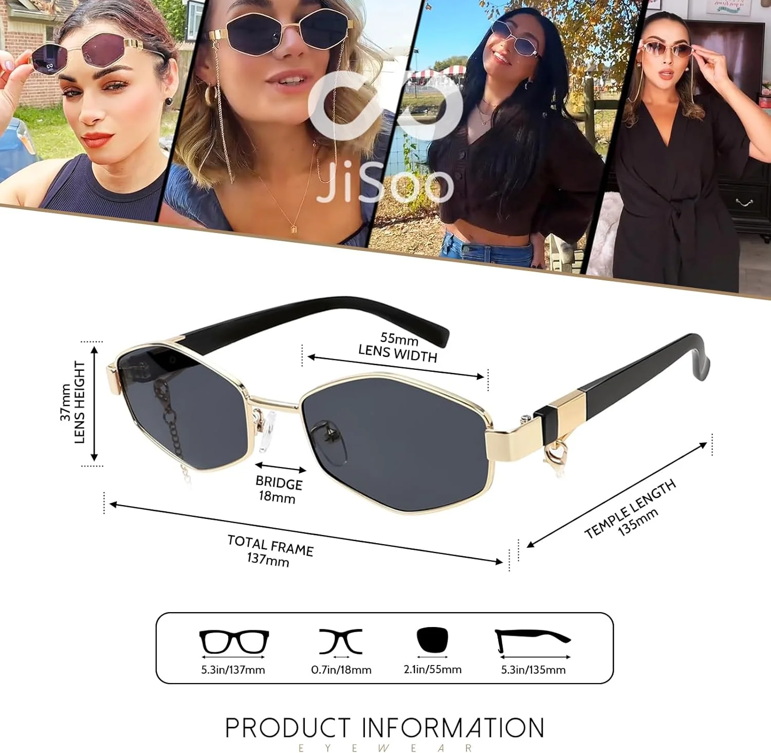 عینک آفتابی فلزی شش ضلعی JiSoo زنانه، طراحی قاب رترو، سبک کلاسیک با زنجیر محافظ UV400 عینک آفتابی فلزی شش ضلعی JiSoo زنانه، طراحی قاب رترو، سبک کلاسیک با زنجیر محافظ UV400