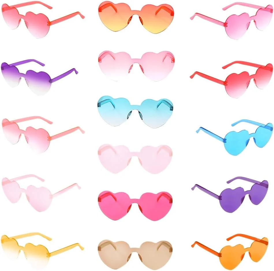 عینک آفتابی قلبی شکل HomeChi، 16 جفت عینک قلبی بدون قاب با رنگ های آبنباتی و محافظت UV400، عینک آفتابی رنگین کمانی مناسب مهمانی های تولد استخر ساحلی دخترانه زنانه