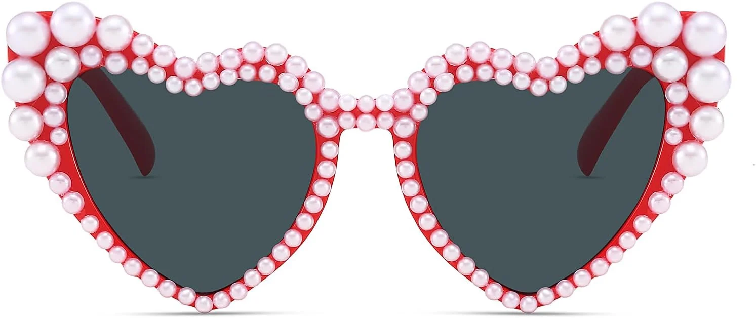 عینک آفتابی قلبی مرواریدی Hanj Love زنانه با نگین های بدلیجات، مناسب مهمانی مجردی و عروس