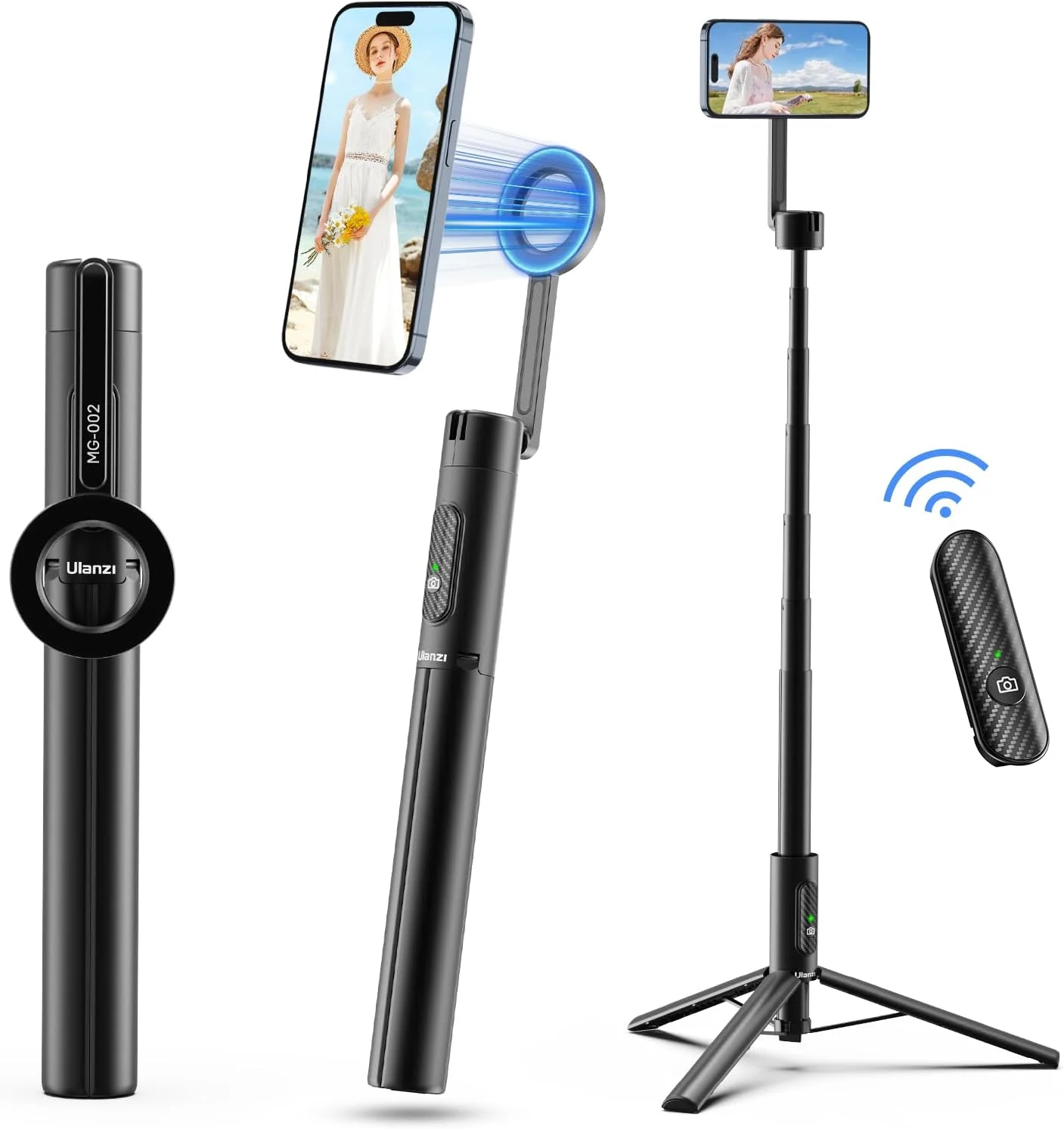 سه پایه مونوپاد مغناطیسی ULANZI با حداکثر ارتفاع 64.6 اینچ، سه پایه تلفن همه کاره با نگهدارنده مغناطیسی تلفن و ریموت کنترل بی سیم جداشدنی، برای سری آیفون 16 15 14 13 12 و تلفن های اندرویدی (مشکی)