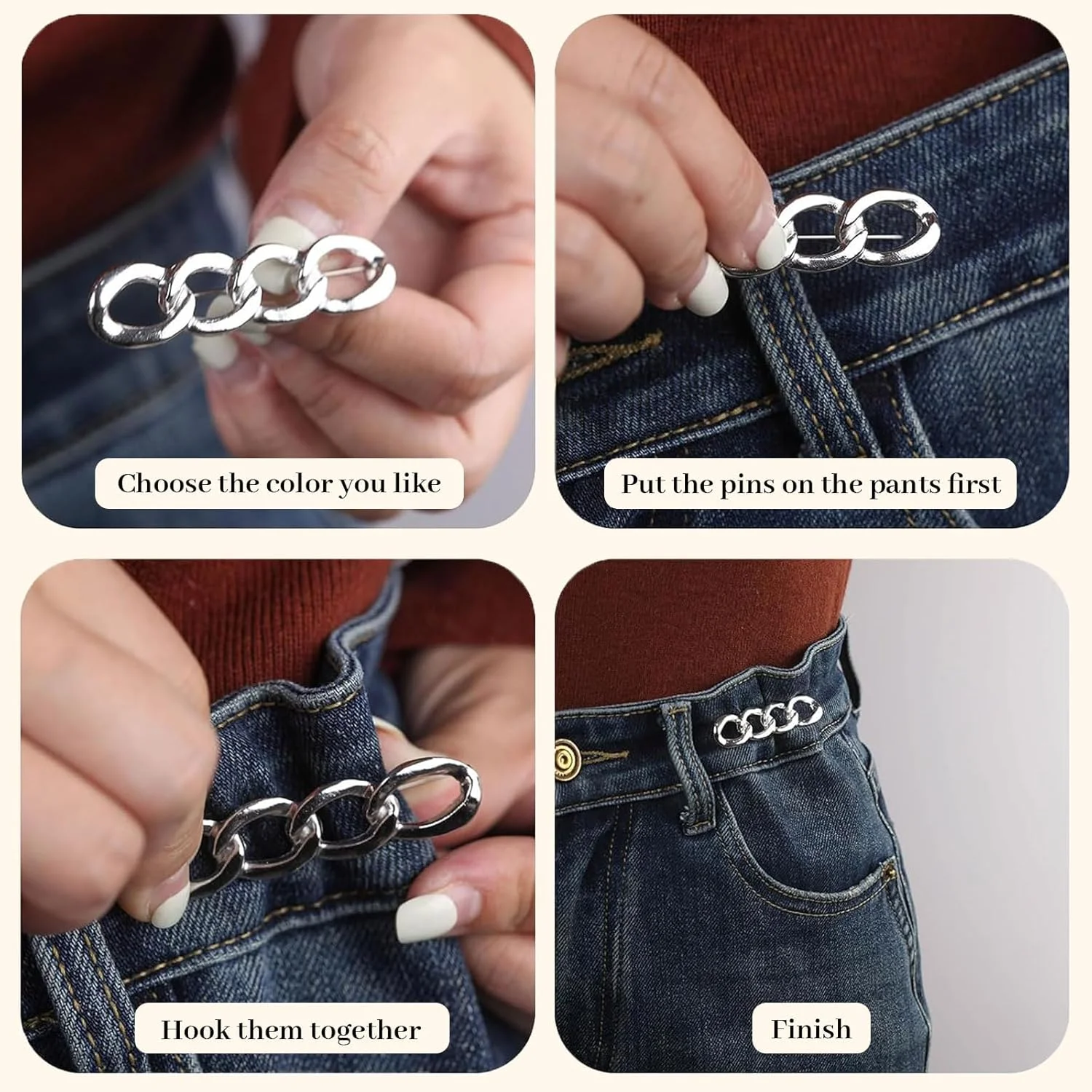 گیره تنظیم کمر شلوار LunarCharm، بسته 6 عددی، گیره های کاربردی برای تنگ کردن کمر و بند شلوار، ایده آل برای دکمه های قابل تنظیم شلوار جین، چند رنگ، XL